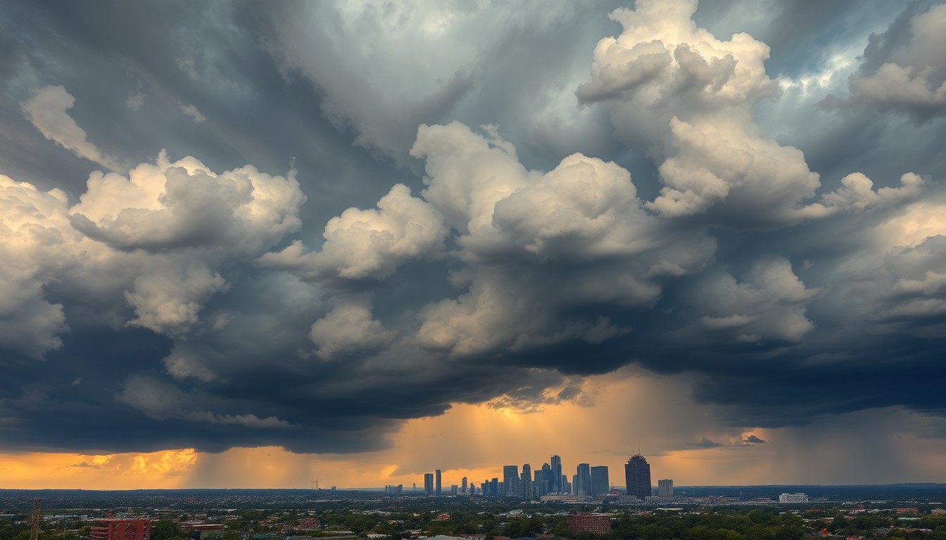 A dramatic landscape painting in muted tones, with a stormy, turbulent sky dominating the scene and the Tulsa skyline barely visible in the distance, conveying the overwhelming scale and power of the approaching severe weather.