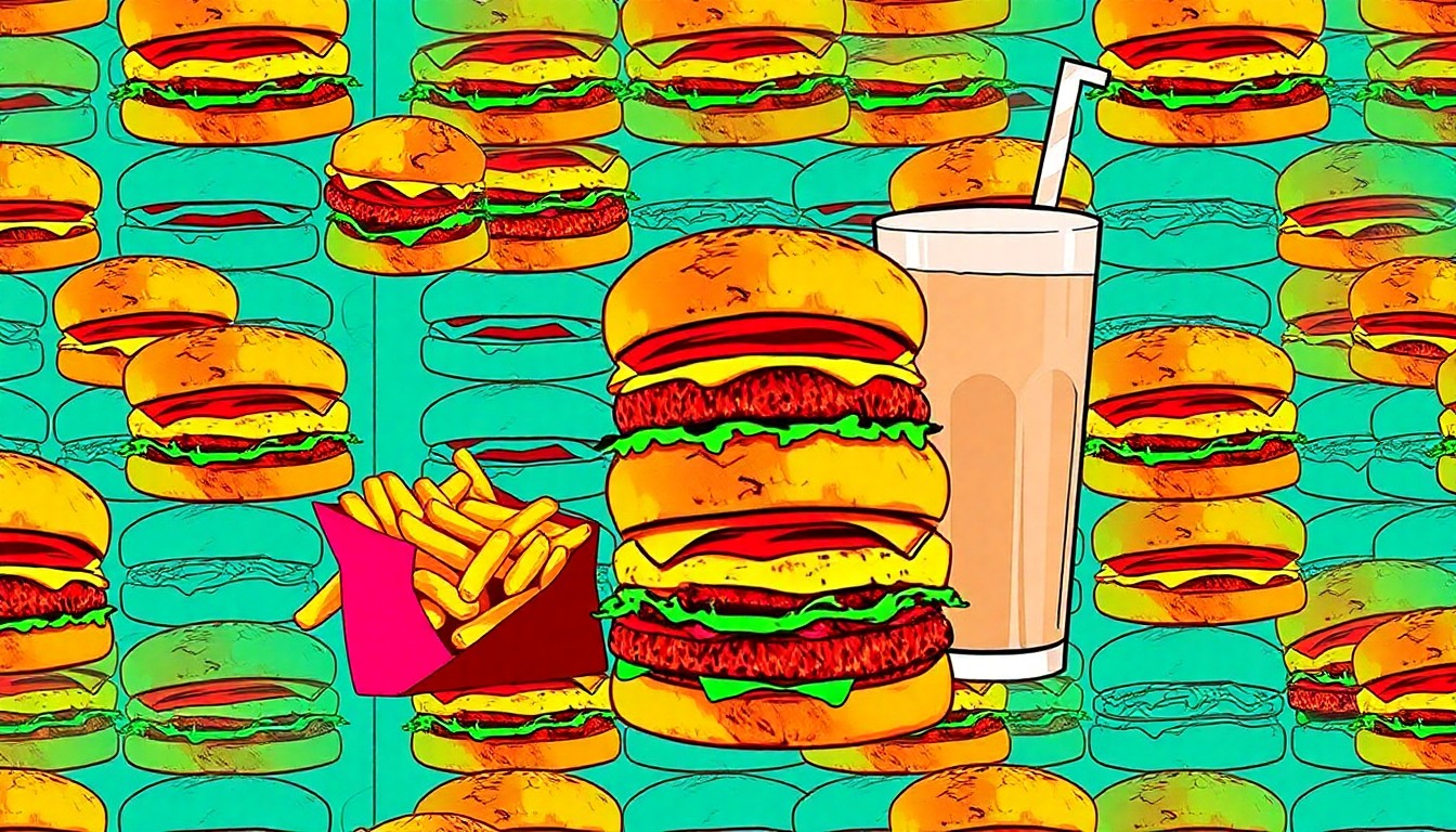 A brightly colored, high-contrast silkscreen print featuring a repeating grid of everyday food items like hamburger buns, french fries, and a milkshake glass, conceptually representing the vibrant and varied culinary offerings of Trussville, Alabama.