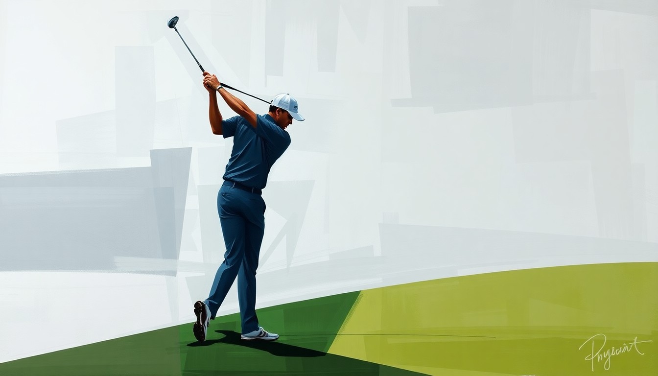 A fragmented, cubist-style painting depicting the silhouette of a golfer in various overlapping geometric shapes and perspectives, conveying the complicated narrative of Tiger Woods' storied career.
