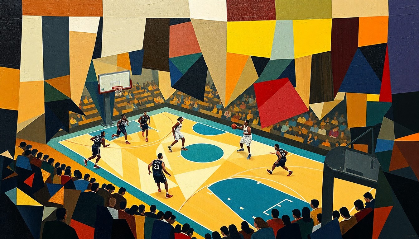 A fractured, multi-perspective painting in the style of Pablo Picasso, breaking down a basketball game into sharp, overlapping geometric planes of color, creating a dynamic, abstract representation of the sport.