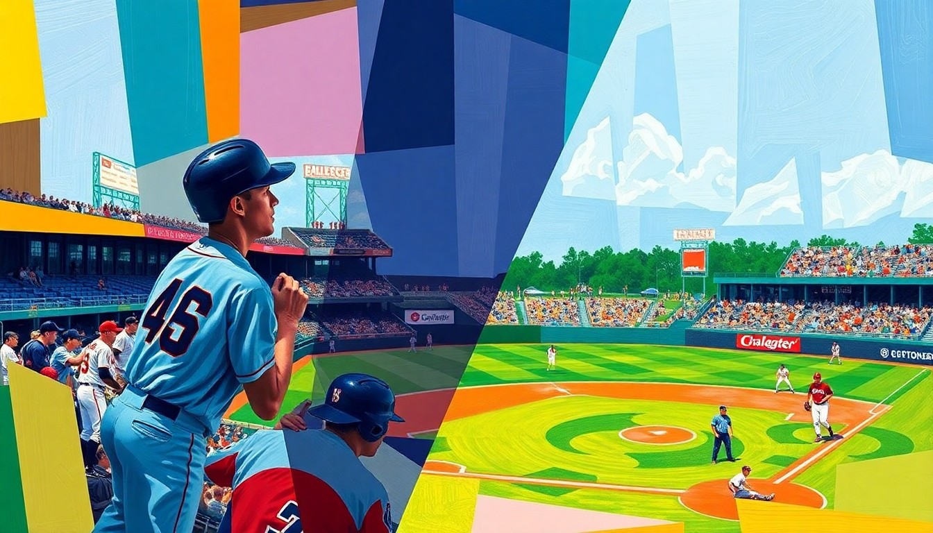 A cubist-style painting depicting a college baseball game, with the field, players, and action broken down into sharp, overlapping geometric shapes in a vibrant color palette.