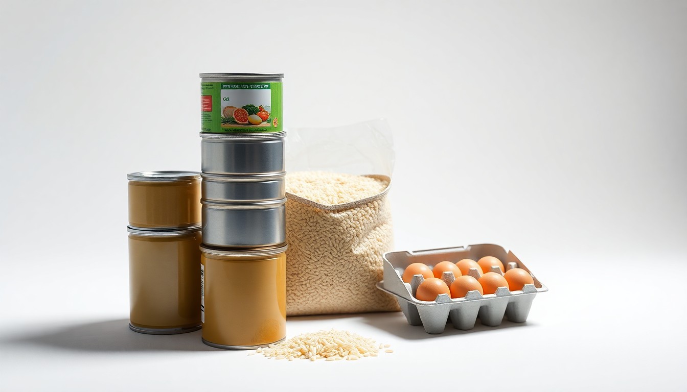 A minimalist studio still life photograph featuring a stack of canned goods, a bag of rice, and a carton of eggs arranged elegantly on a clean, white background, conceptually representing the provision of nutritious food to those in need.