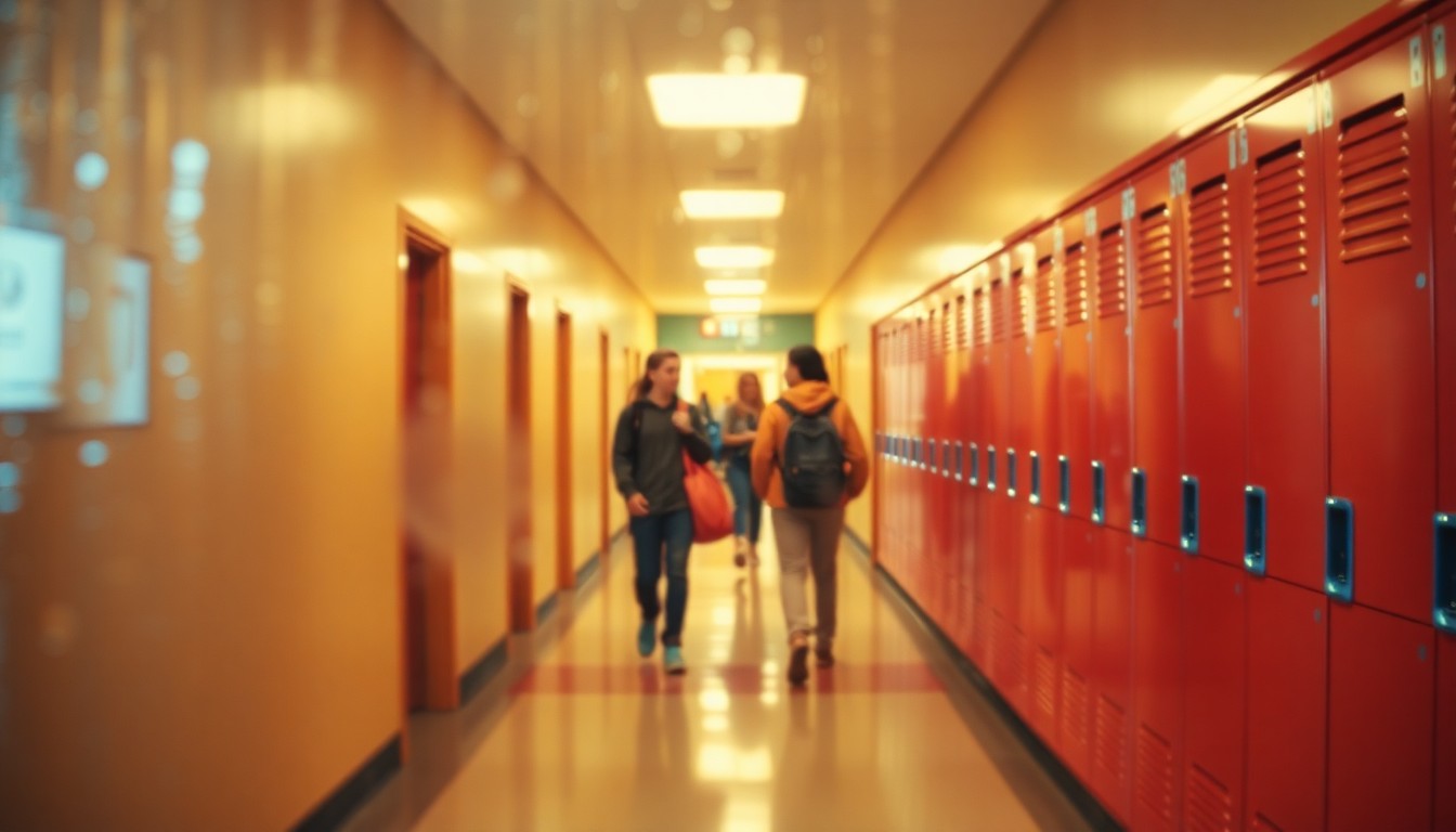 An abstract, out-of-focus photograph of a middle school hallway, with students walking and lockers visible in soft, warm pools of light and color, conceptually representing the upcoming HVAC upgrade at the school.