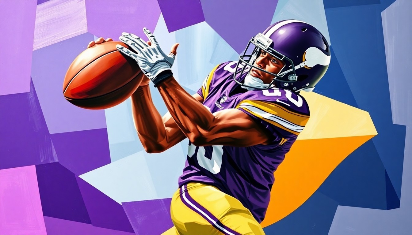 A cubist-style painting depicting a football player in mid-air, their body broken down into overlapping geometric shapes and planes in vibrant shades of purple, gold, and white, capturing the dynamic motion and energy of a contested catch.