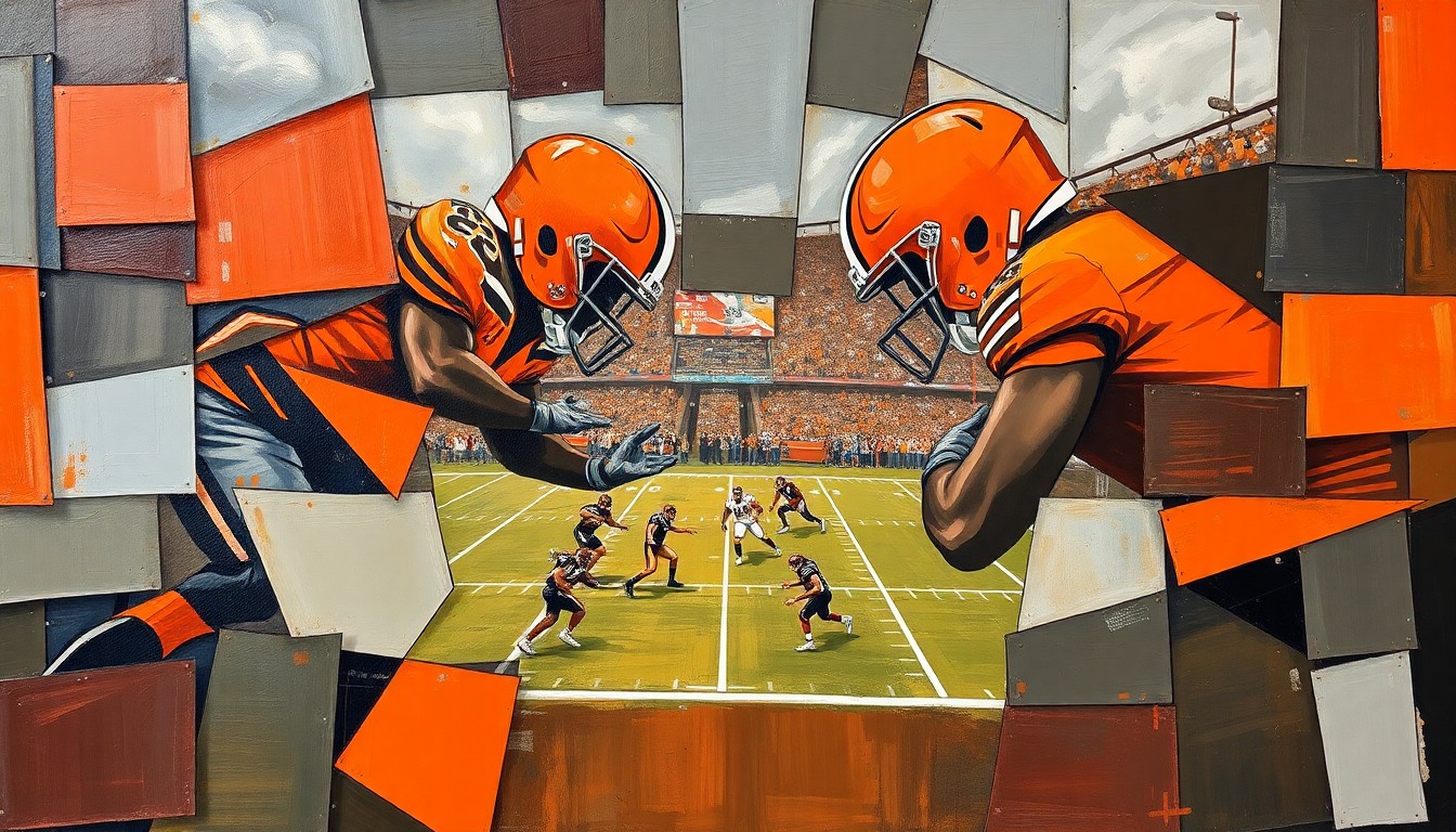 A fragmented, geometric painting depicting overlapping shapes and planes in shades of orange, brown, and gray, conceptually representing the complex dynamics of Cleveland sports.