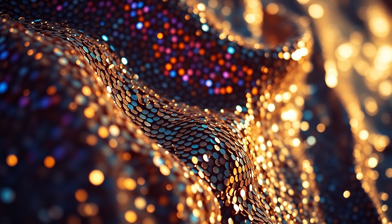 An extreme close-up photograph of shimmering, glittering sequins and metallic textures, capturing the luxurious, glamorous aesthetic associated with Coachella and influencer culture.