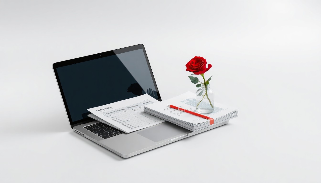 A minimalist, high-end studio still life photograph featuring a sleek laptop, financial reports, and a single red rose, representing the intersection of technology, finance, and entrepreneurship that has enabled Luana Lopes Lara's remarkable success.