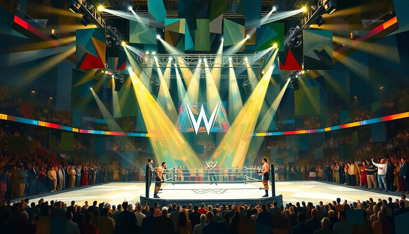 A cubist, geometric painting depicting the complex staging and production of a major WWE wrestling event, with sharp, overlapping planes of light, shadow, and motion.