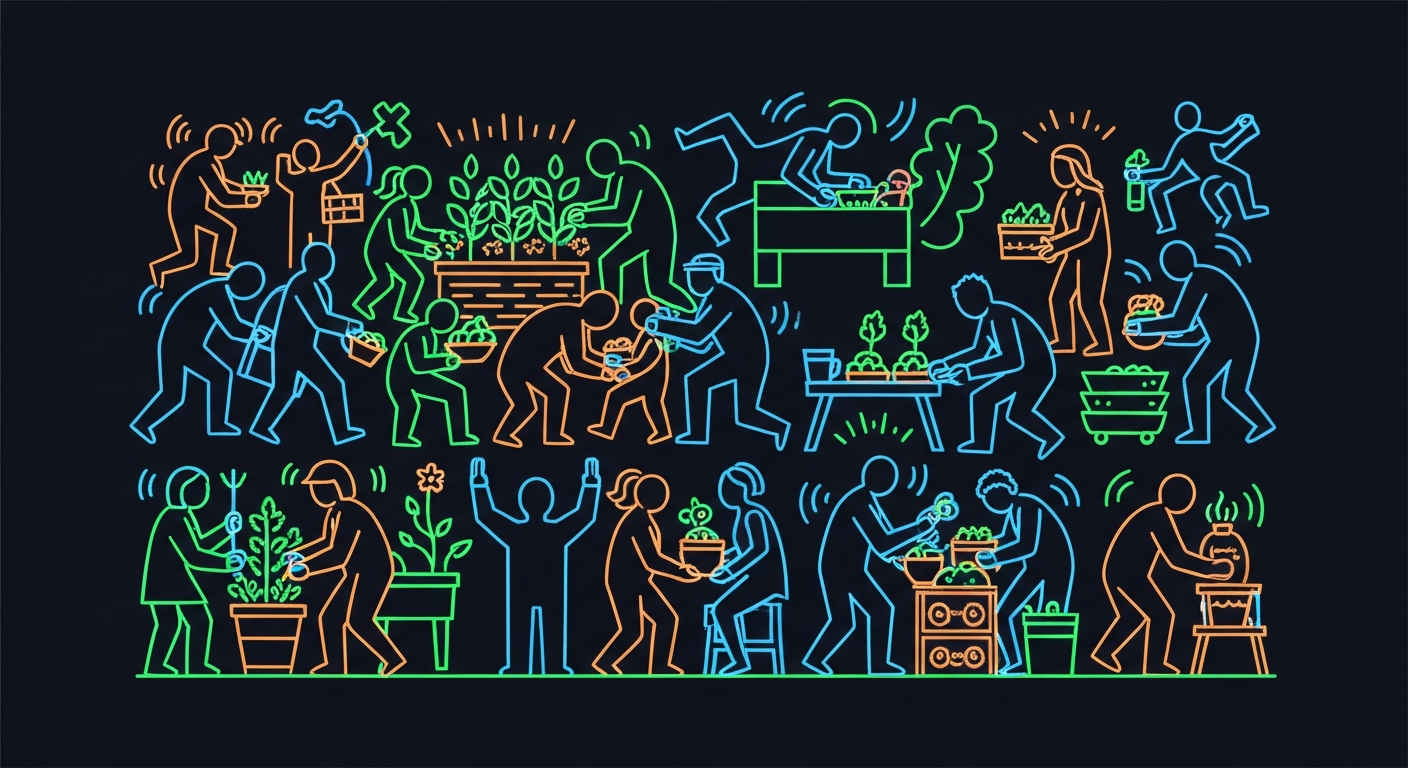 A dynamic neon outline illustration depicting a diverse group of people engaged in various public health activities like gardening, distributing food, and providing medical care, rendered as simple, energetic shapes in bright colors against a dark background.