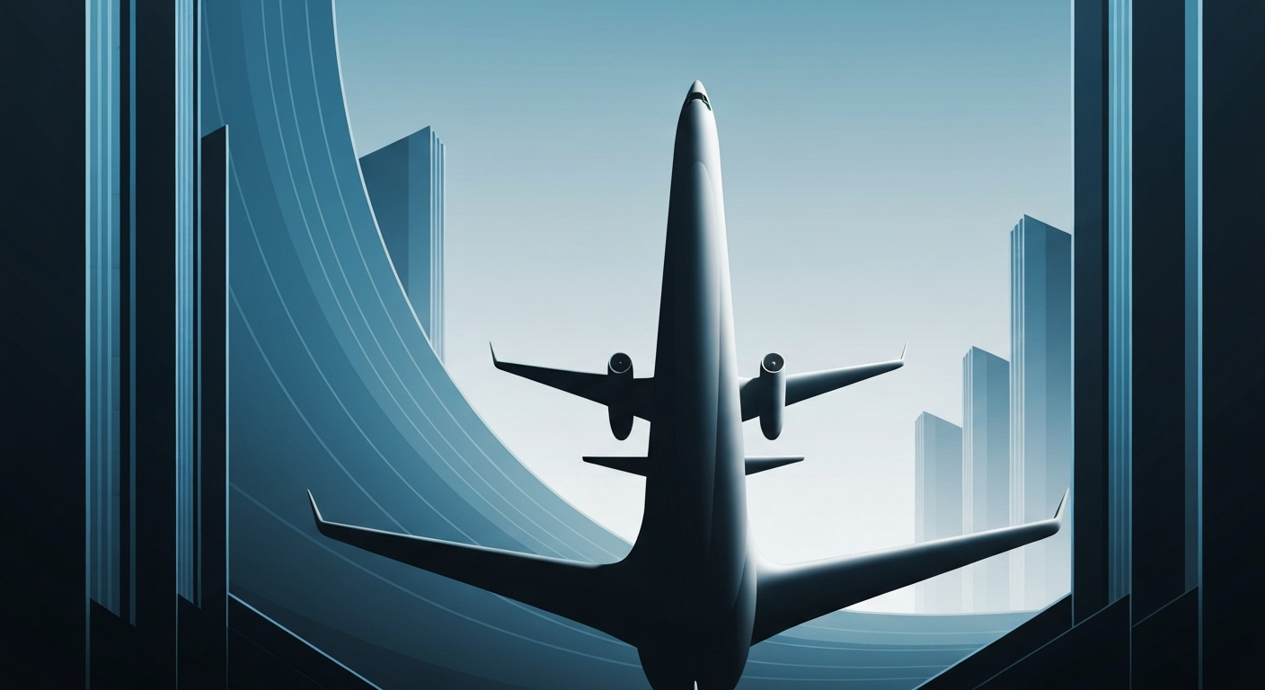 A bold, geometric illustration in shades of blue and gray, depicting the sweeping silhouette of an aircraft against a backdrop of angular, Art Deco-inspired architecture, capturing the grand scale and romance of air travel.