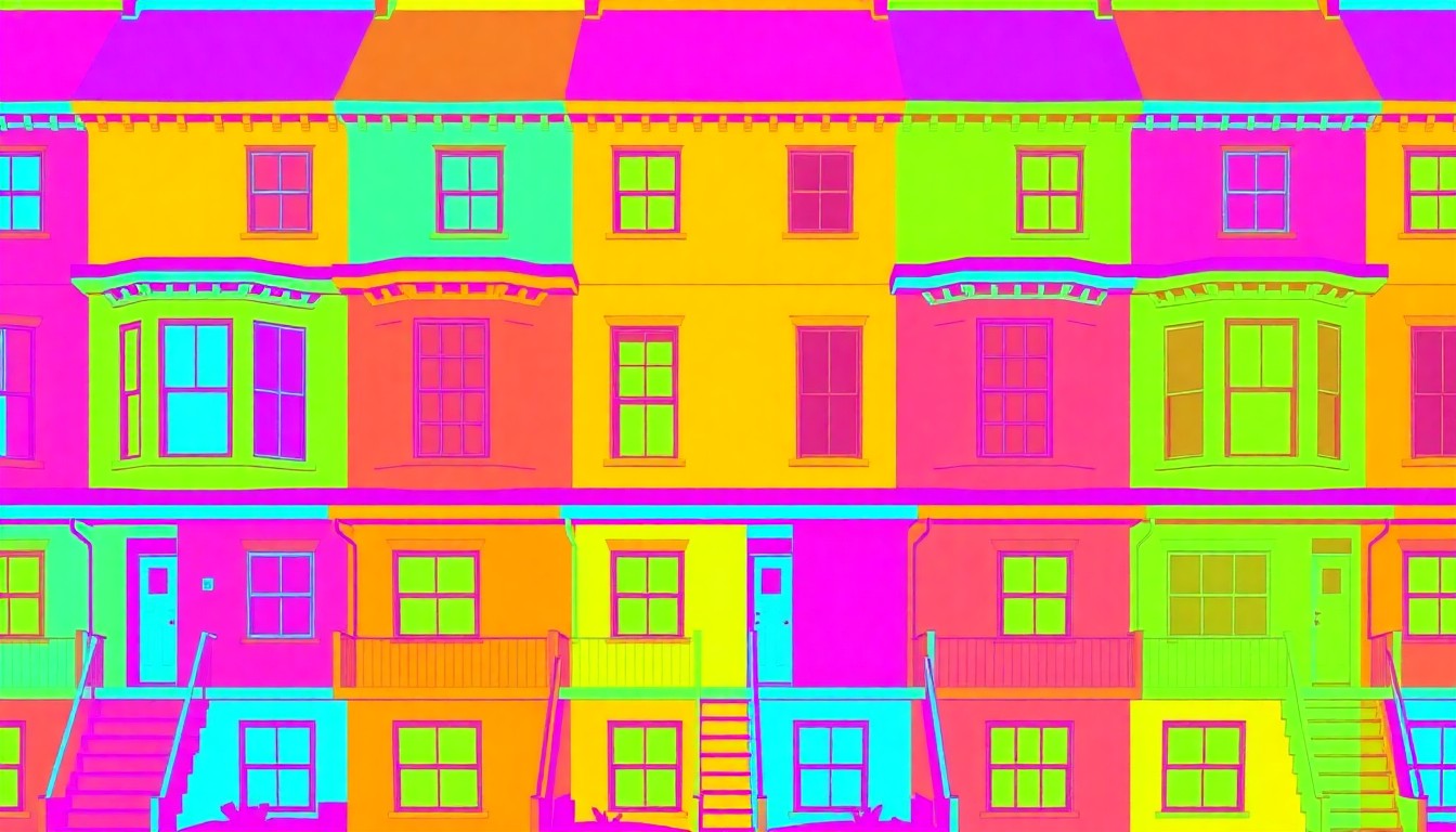 A brightly colored, high-contrast silkscreen print of a single, iconic townhouse or duplex home repeated in a tight grid pattern, conceptually representing the range of 'missing middle' housing types planned for the South Field development.