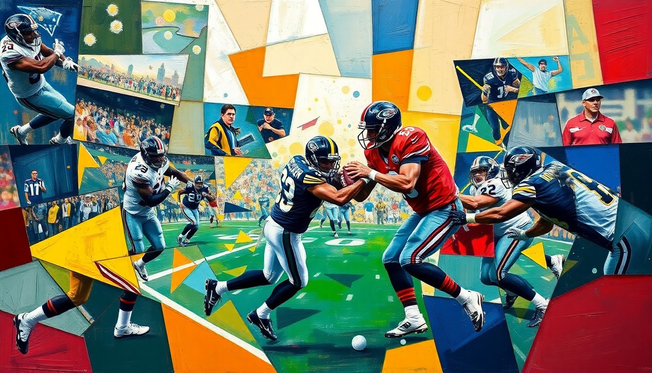 A cubist-style painting depicting a fragmented, geometric interpretation of a football player in motion, representing the complex challenge of building a complete team around a high-priced quarterback.