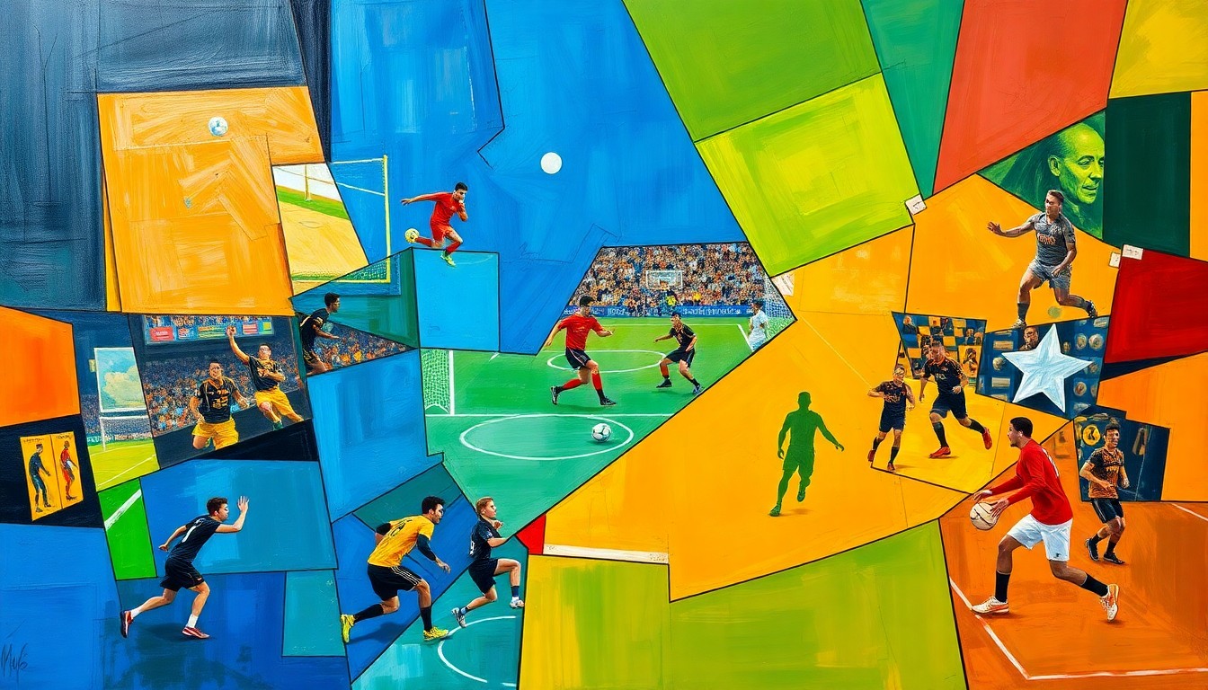 A fragmented, geometric painting in bold blues, greens, and oranges depicts various sports activities and competitions in an abstract, multi-angled composition.