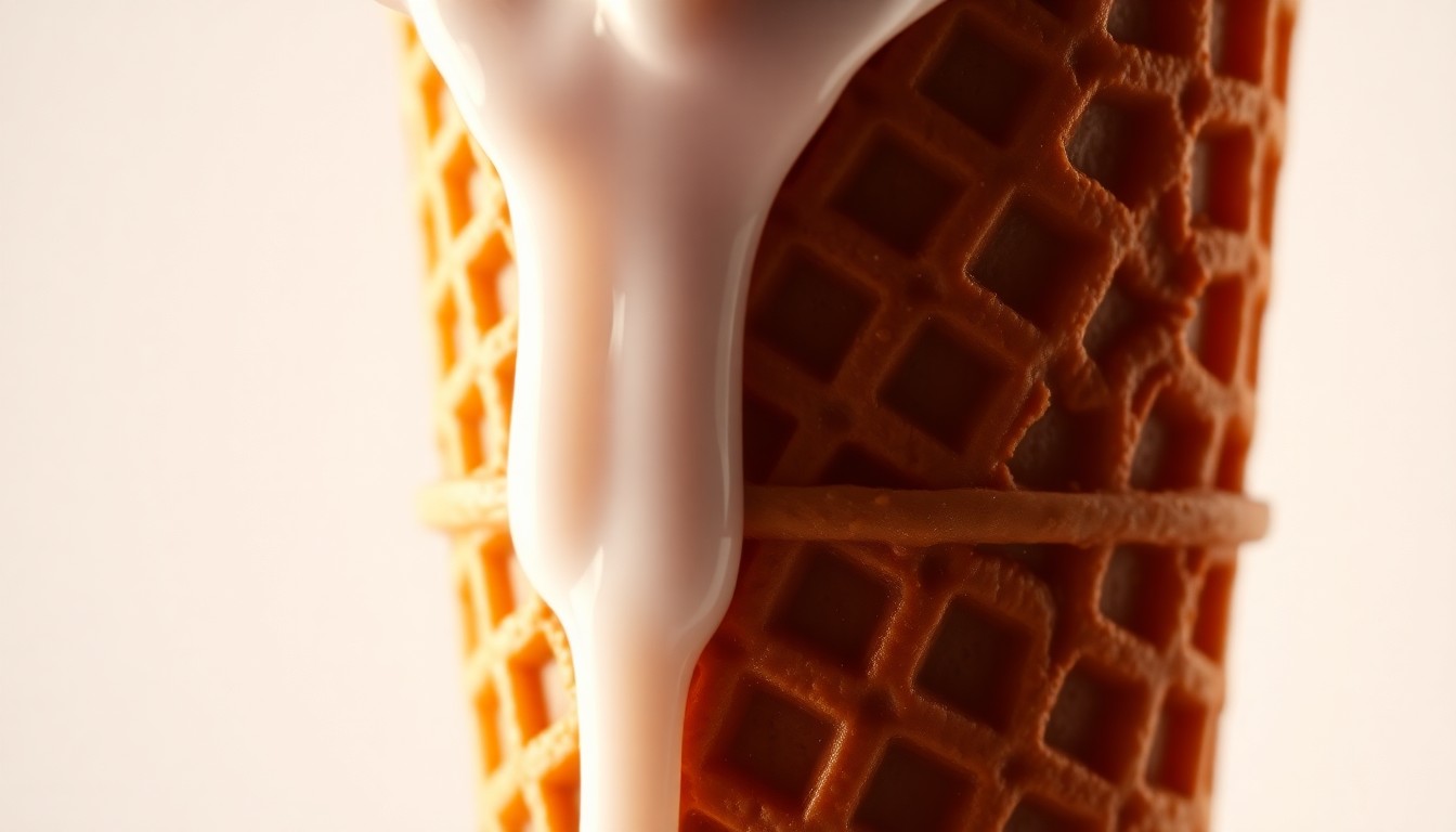 An extreme macro photograph of a melting ice cream cone, the dripping cream and waffle texture filling the frame in a high-contrast, glamorous studio lighting setup, conceptually representing the uneven distribution of a special treat that caused sibling conflict.