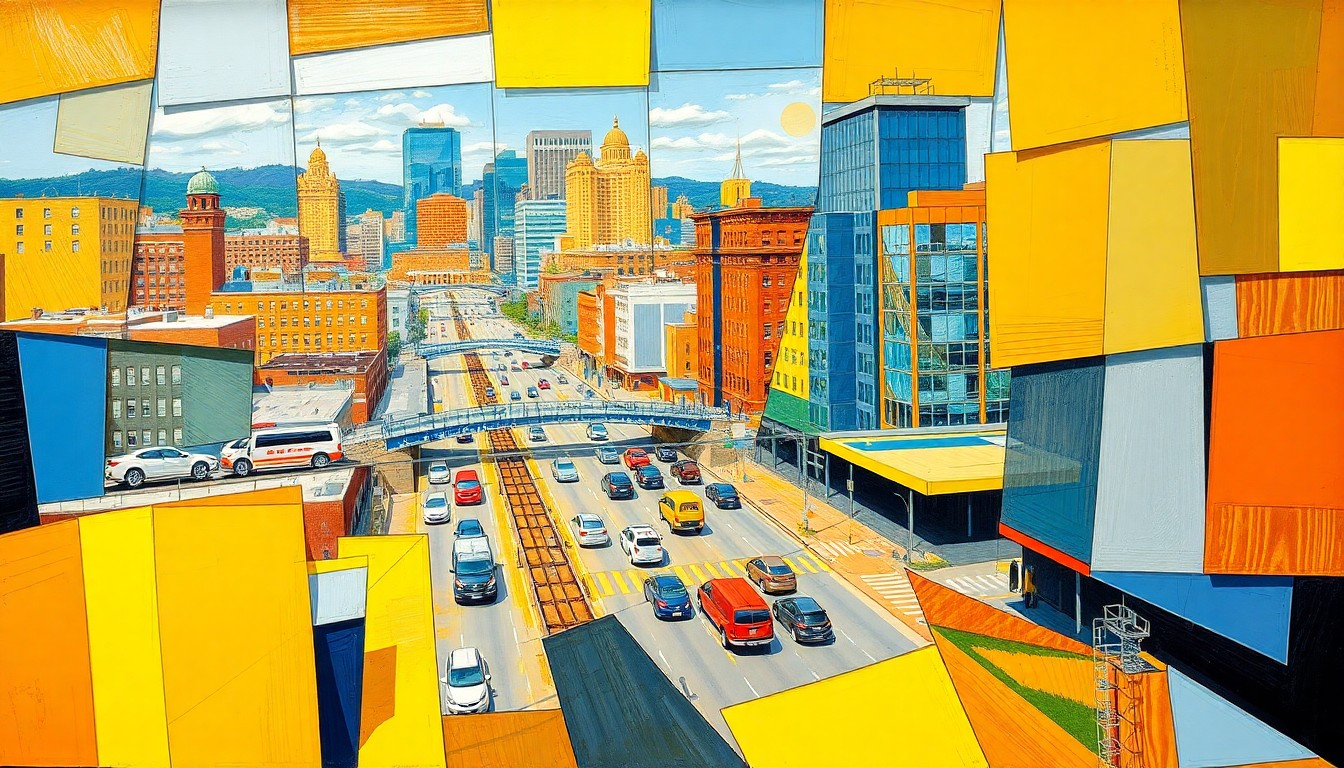 A cubist, geometric painting depicting the overlapping streets, buildings, and infrastructure of Pittsburgh's North Shore in a fractured, multi-perspective style, using vibrant shades of yellow, orange, and blue to convey the energy and disruption of the upcoming NFL draft event.