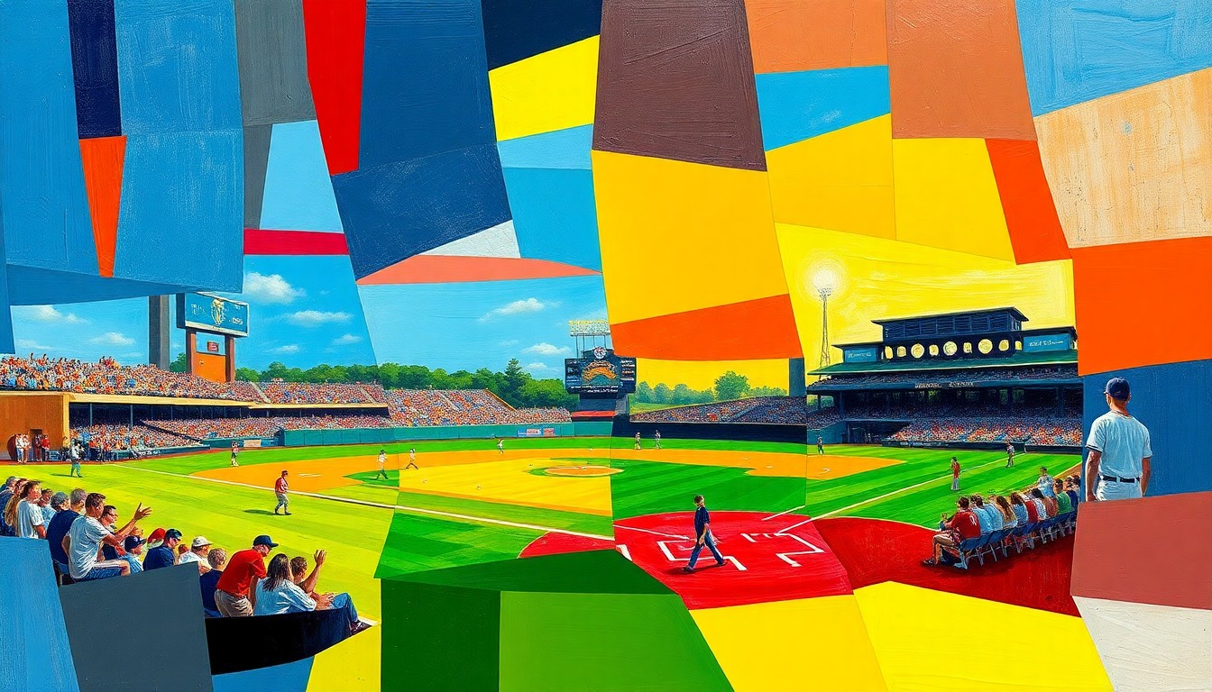 A fragmented, geometric painting in bold primary colors depicting the dynamic action and energy of a high school baseball game, with players and field elements broken down into sharp, overlapping planes.