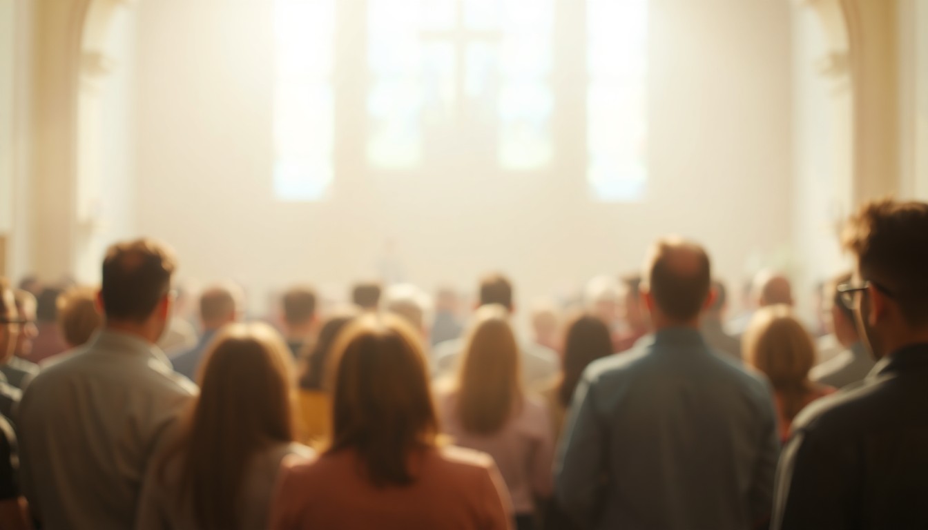 An abstract, out-of-focus photograph in soft, warm tones depicting a group of people gathered together in a church setting, conveying a sense of community and connection.