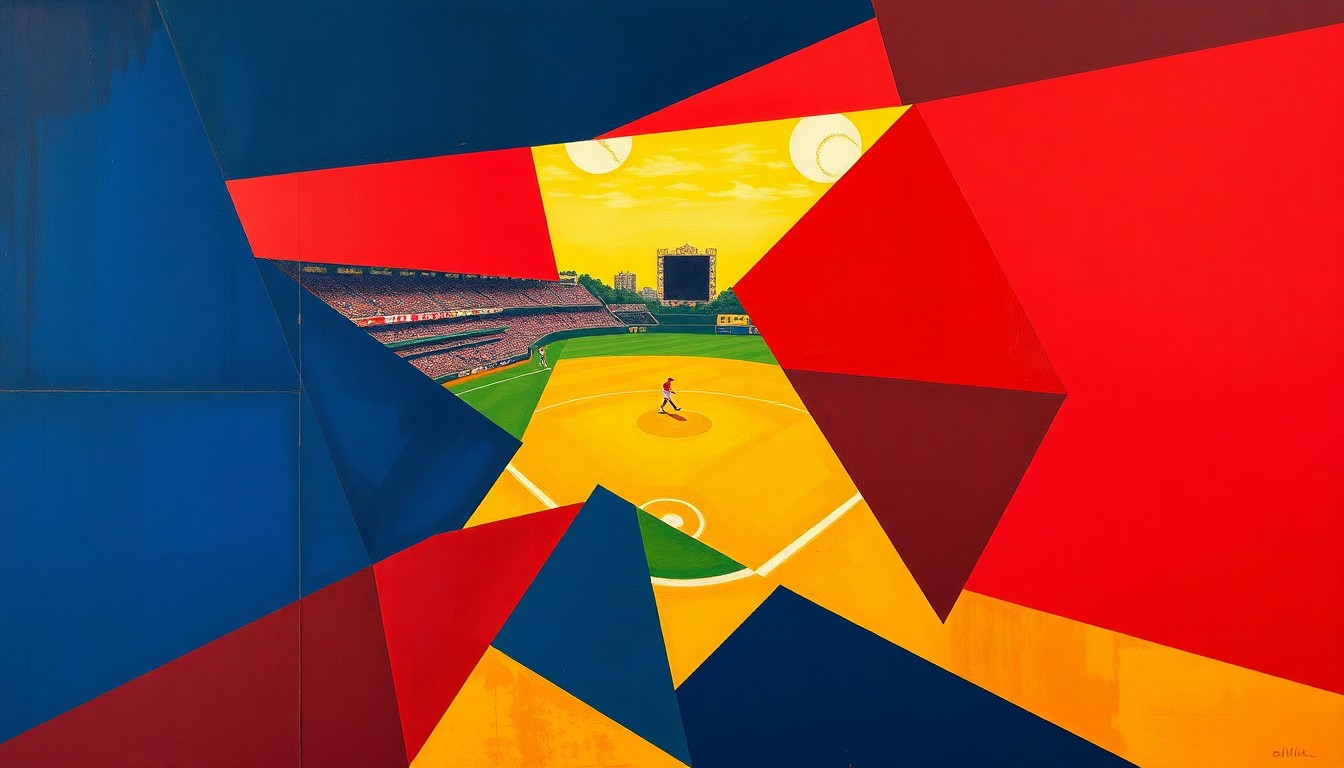 A fragmented, geometric painting depicting a softball game in motion, with sharp planes of navy, red, and yellow overlapping to create a dynamic, abstract composition.