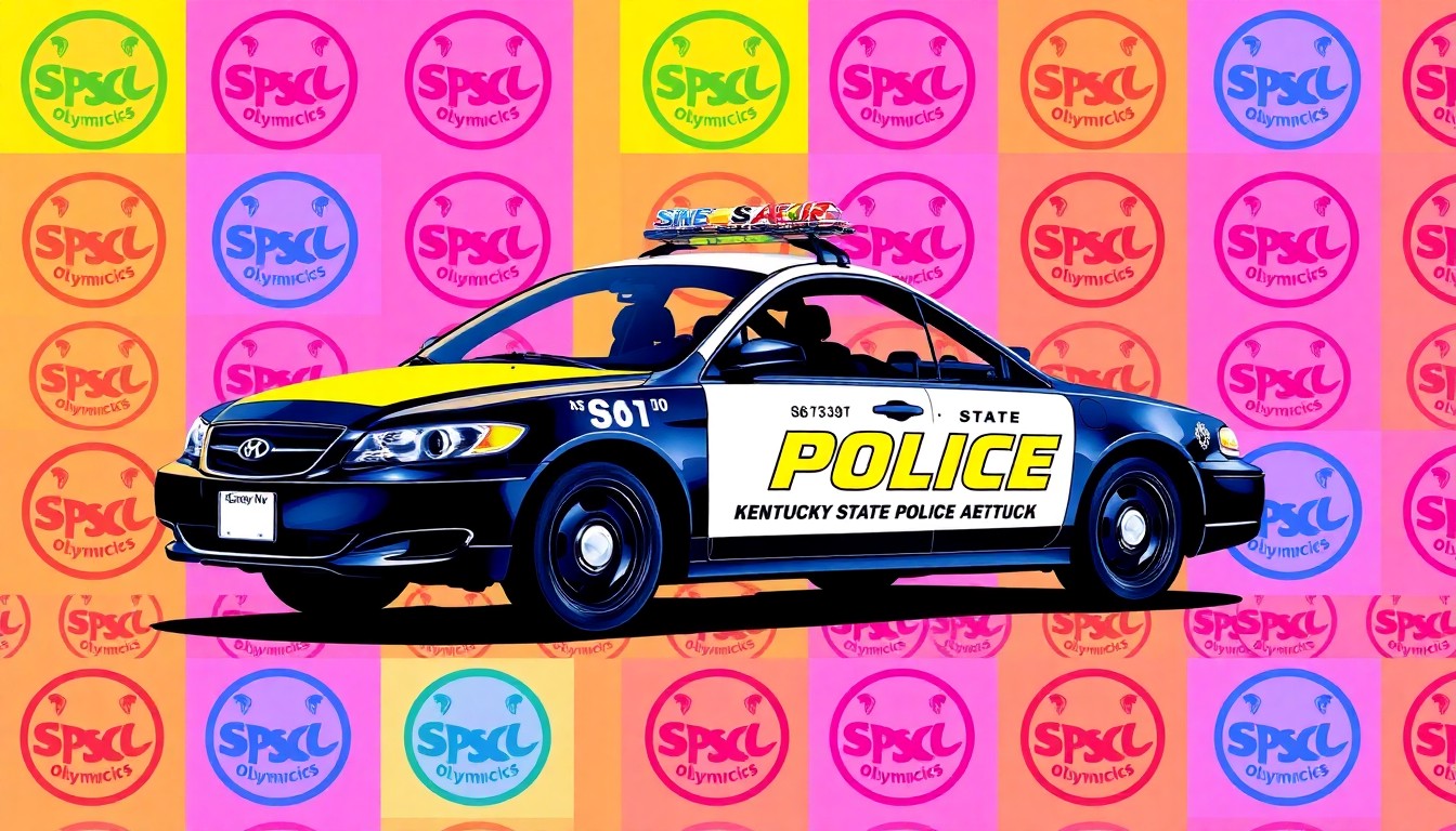 A bold, pop art-inspired illustration featuring a repeating pattern of a Kentucky State Police cruiser silhouette overlaid with the Special Olympics logo, rendered in a high-contrast, neon color palette to capture the celebratory spirit of the fundraising event.