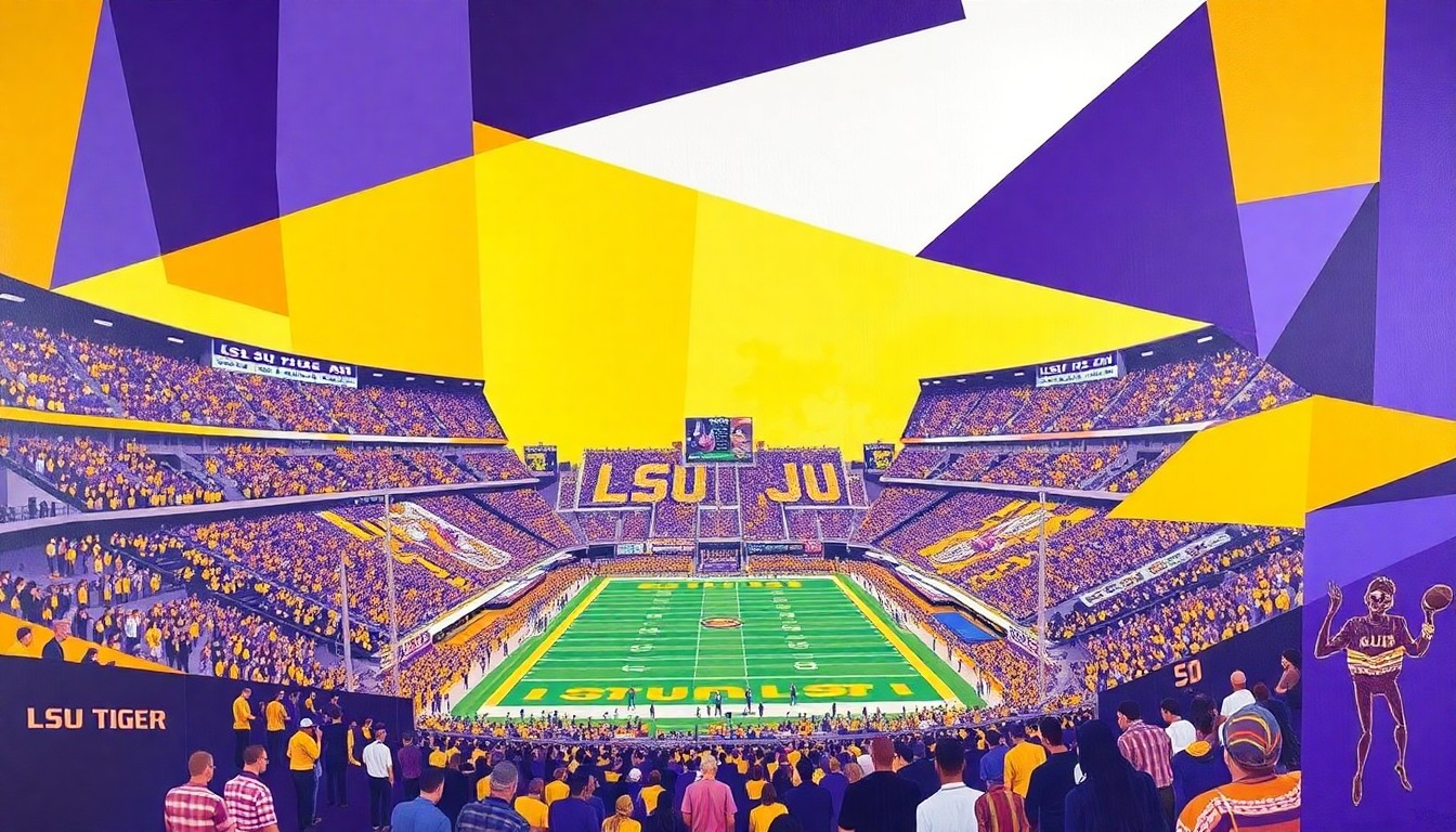 A cubist, geometric painting depicting the fractured, multi-angled view of a college football stadium filled with fans in the colors of purple, gold, and white, conceptually representing the increased accessibility for LSU supporters to attend key games this season.