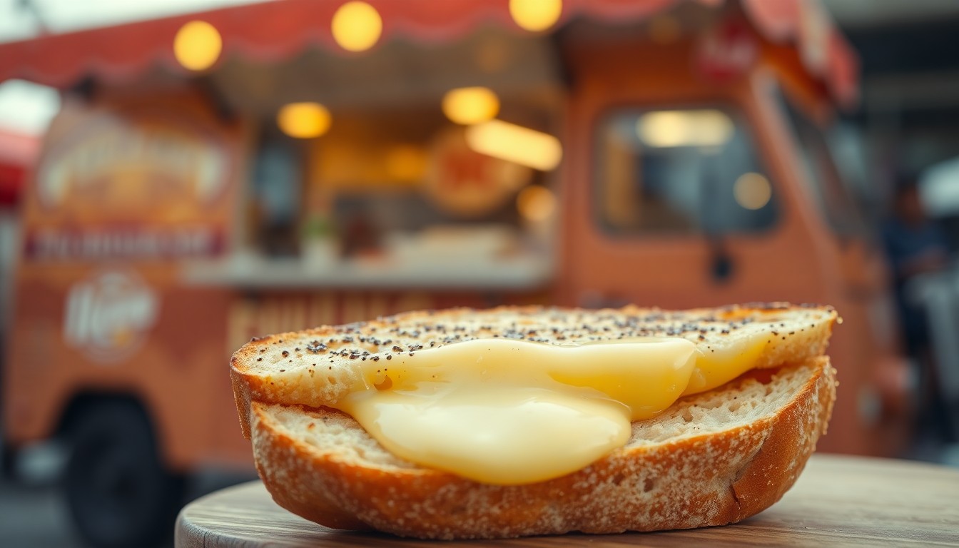 An abstract, out-of-focus photograph in warm, hazy tones depicting the melted cheese and artisanal bread of a grilled cheese sandwich, with a blurred food truck in the background, conceptually representing the cozy, community-driven spirit of a local food truck's holiday celebration.