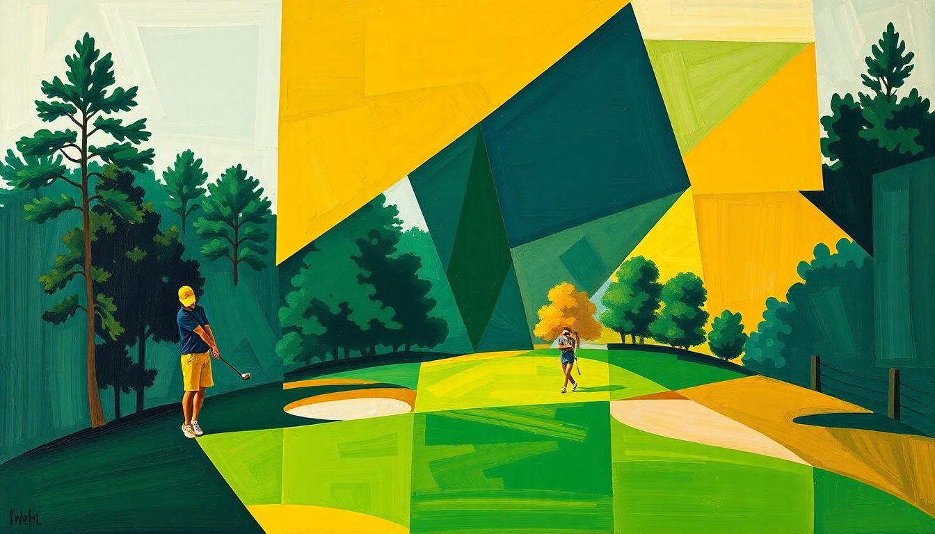 A cubist, geometric painting depicting a high school golf tournament, with overlapping planes of color and form representing the dynamic action and competition of the event.