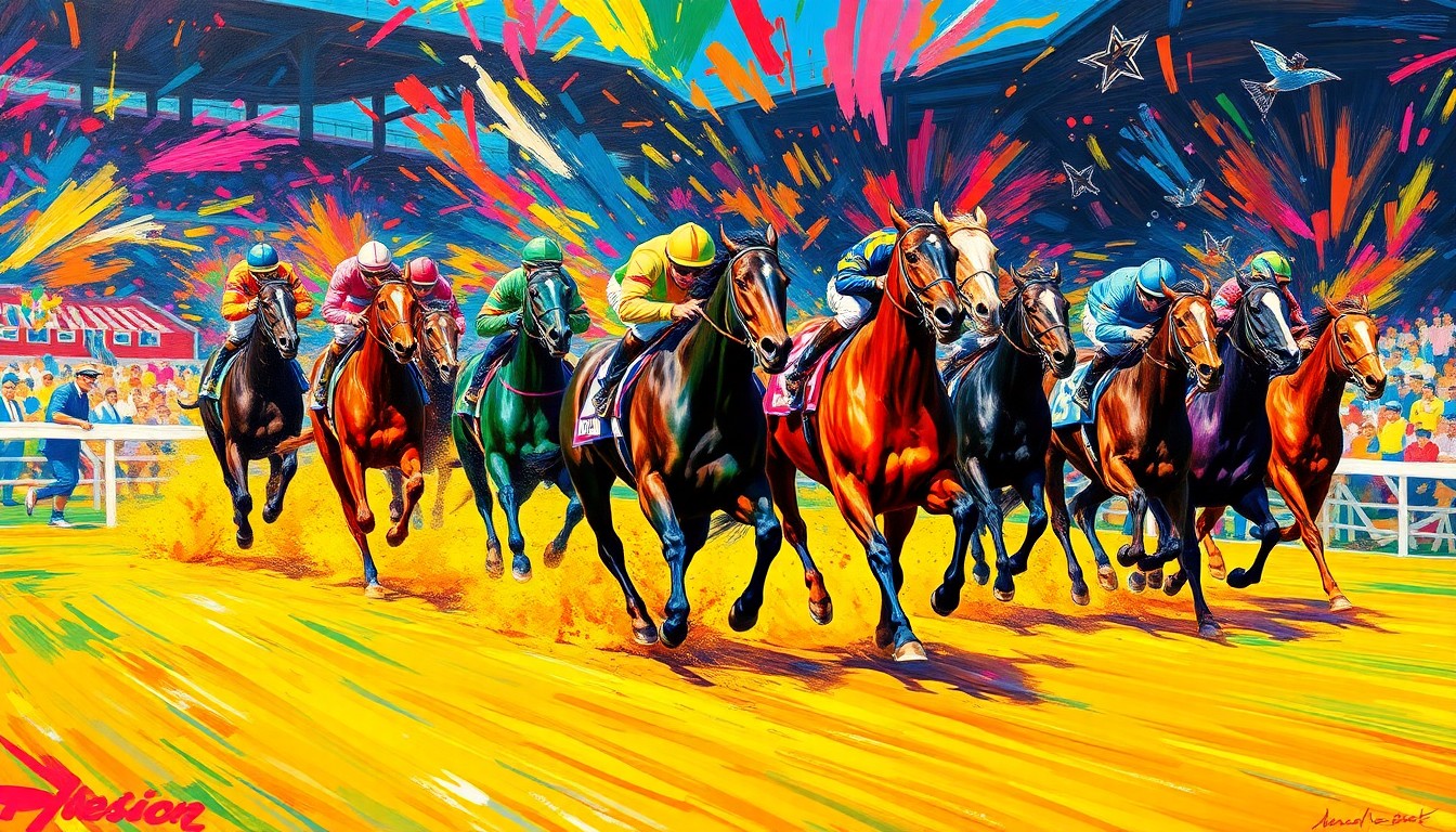 An abstract expressionist painting in vibrant neon colors, with rapid brushstrokes conveying the powerful motion and energy of racehorses racing down a track.