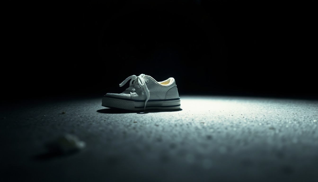 An extreme close-up photograph of a small child's shoe, the harsh flash lighting creating a stark, gritty aesthetic that conceptually represents the urgency and investigation surrounding a missing child case.