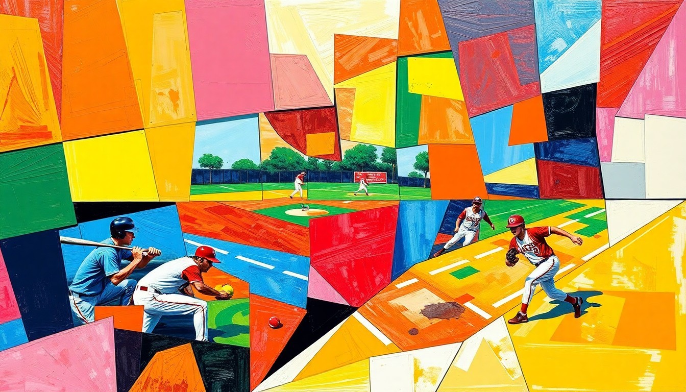 A cubist, geometric painting depicting the dynamic action of a junior high baseball or softball game, with overlapping planes of color representing the players and field.