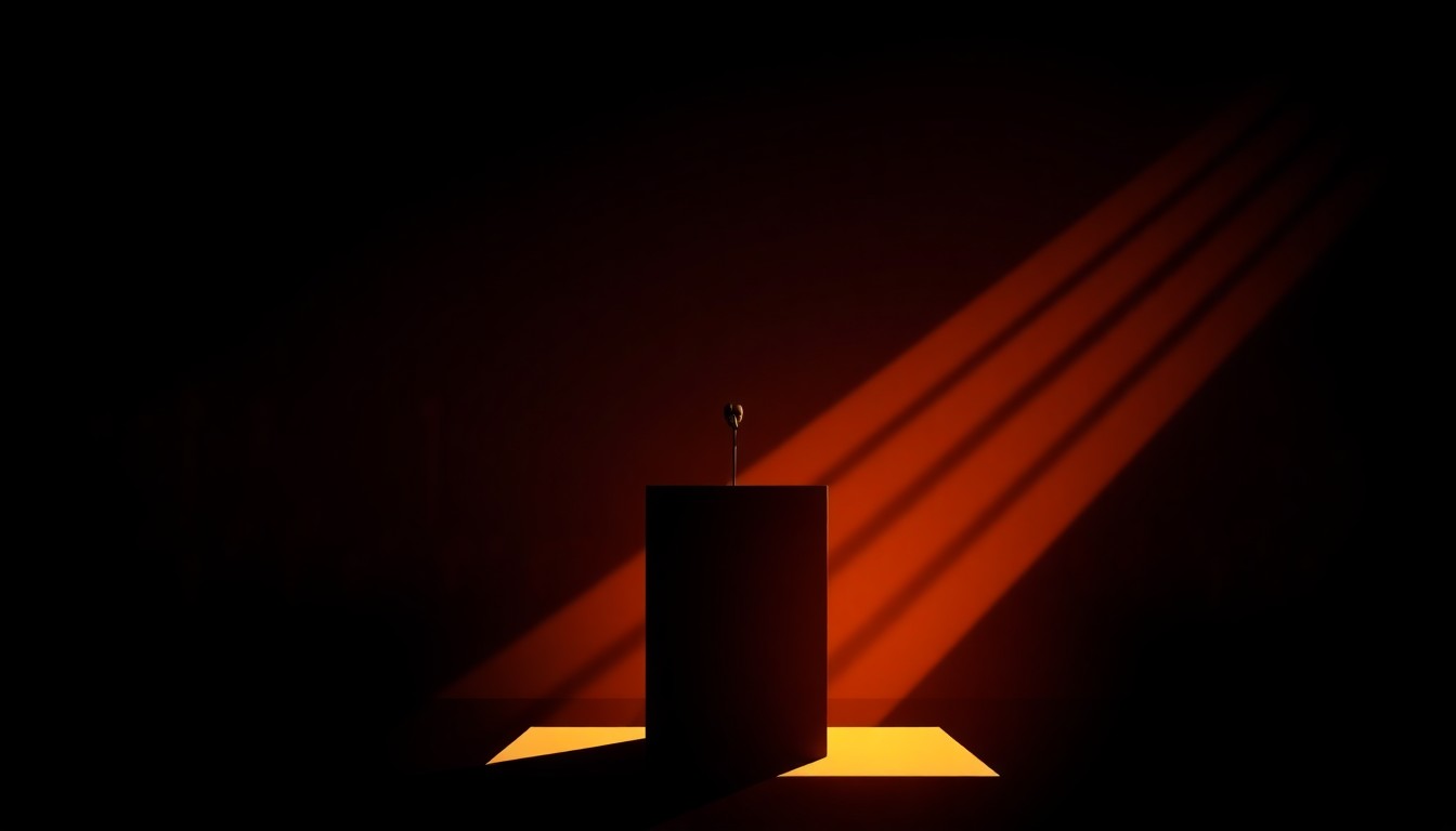 A solitary podium in an urban setting, with warm lighting and deep shadows creating a contemplative, cinematic mood that evokes the quiet contemplation of a political campaign event.