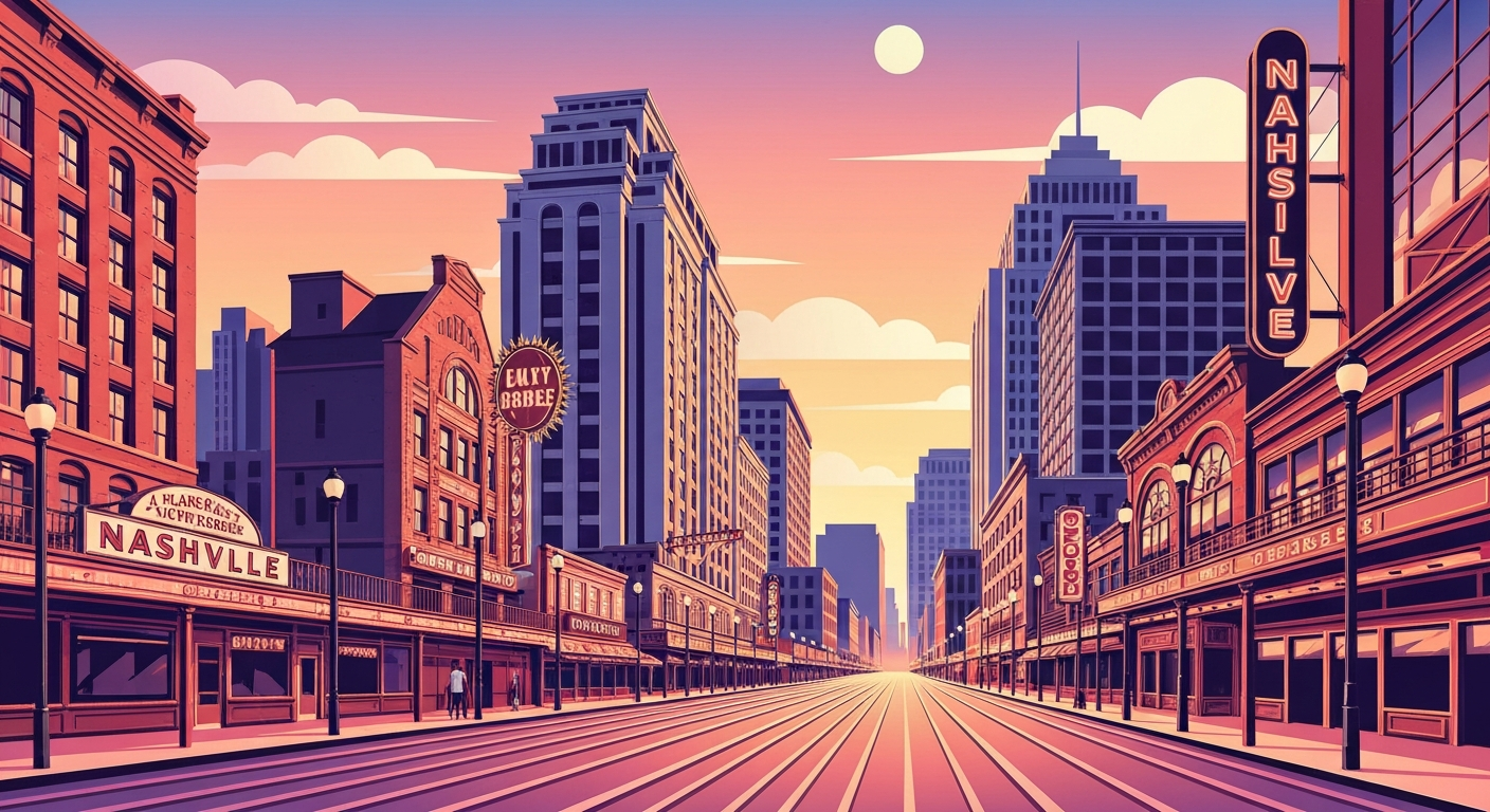A highly stylized, geometric illustration in the Art Deco style depicts the grand scale and energy of Nashville's iconic honky-tonk bars and live music venues, with sweeping airbrushed gradients and towering forced perspectives, capturing the essence of Music City without any literal depictions.