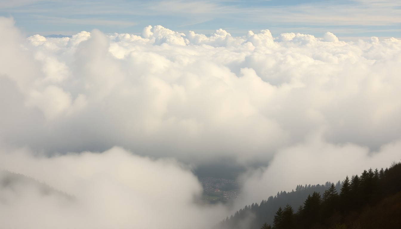 A sweeping, atmospheric landscape painting in muted tones of grey and blue, with a massive, swirling fog bank obscuring the details of a small town nestled in the mountains, conveying the overwhelming scale and power of the natural world.