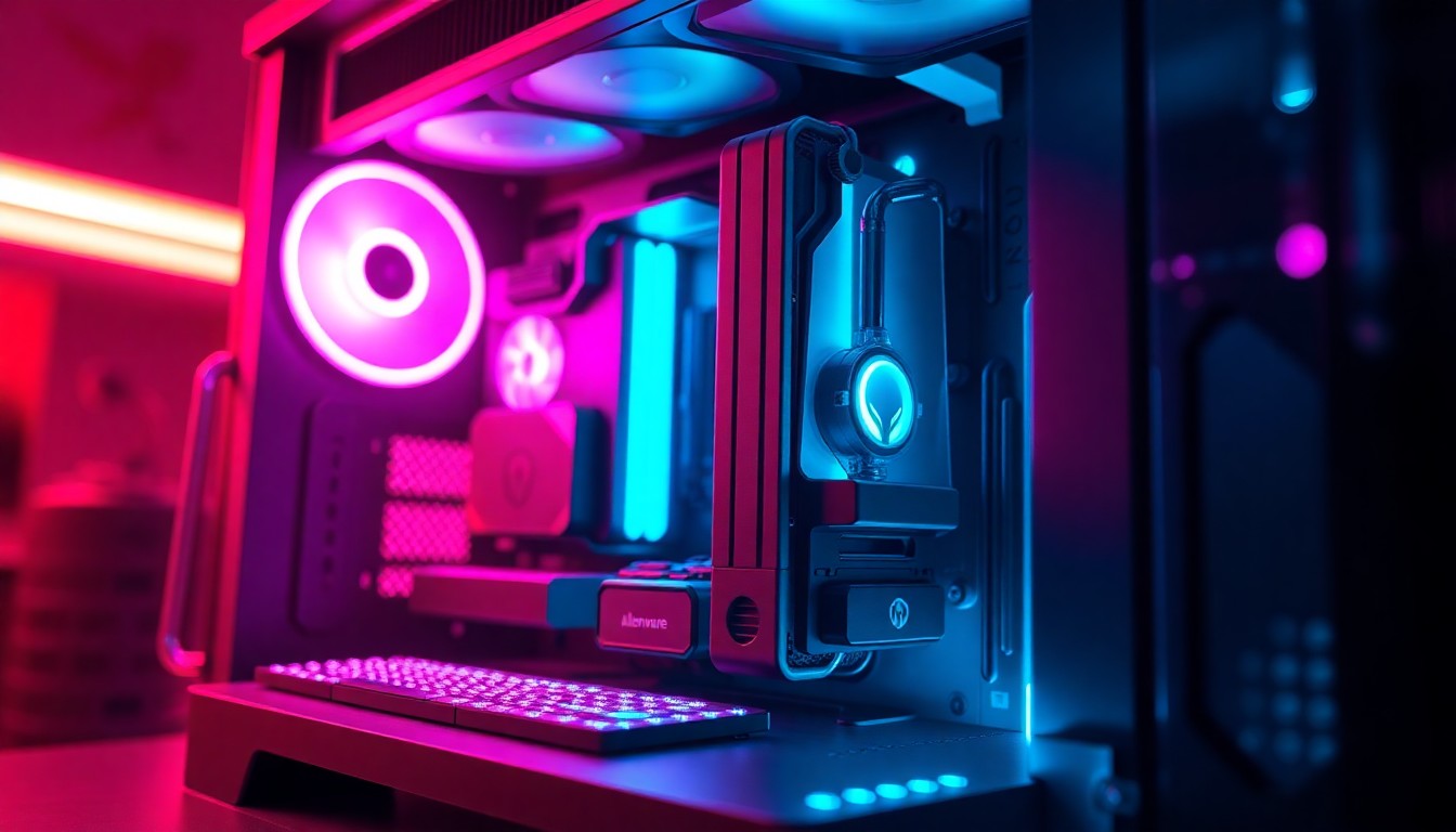 A highly detailed, glowing 3D illustration of the Alienware Area-51 Ryzen Edition gaming desktop, with its sleek chassis and intricate internal components illuminated by vibrant neon lights, conceptually representing the power and innovation of this high-performance machine.