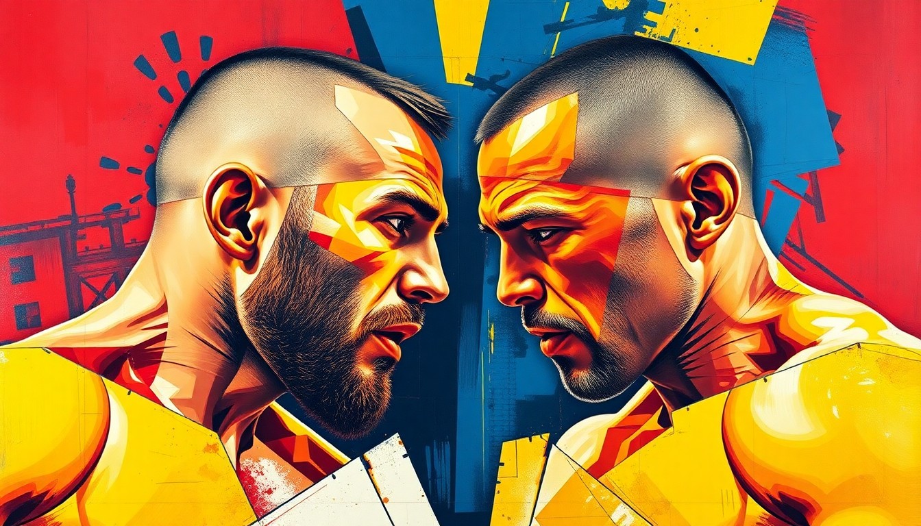 A cubist, geometric painting depicting a UFC fight between Conor McGregor and Michael Chandler, with the figures and action broken down into sharp, overlapping planes of vibrant colors.