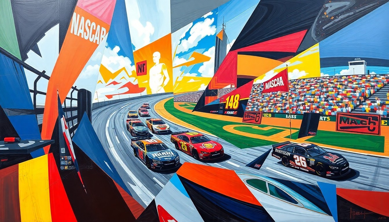 A dynamic, abstract painting featuring overlapping geometric shapes and planes in vibrant colors, conceptually representing the fragmented nature of a NASCAR race and the mental hurdles facing a driver trying to regain his form.
