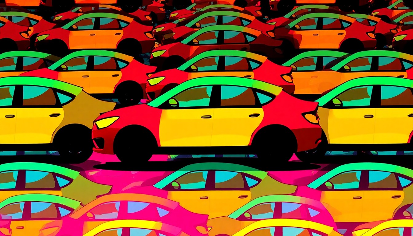 A repeating grid of stylized car icons in neon pink, yellow, and blue, with thick black outlines, conceptually representing the traffic congestion and speeding issues plaguing Cape Coral's residential areas.