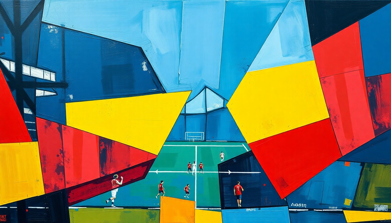 A cubist, geometric painting depicting a fragmented football field with overlapping planes of dark blue, maize yellow, and crimson red, conveying the disarray and uncertainty surrounding Michigan's football program.
