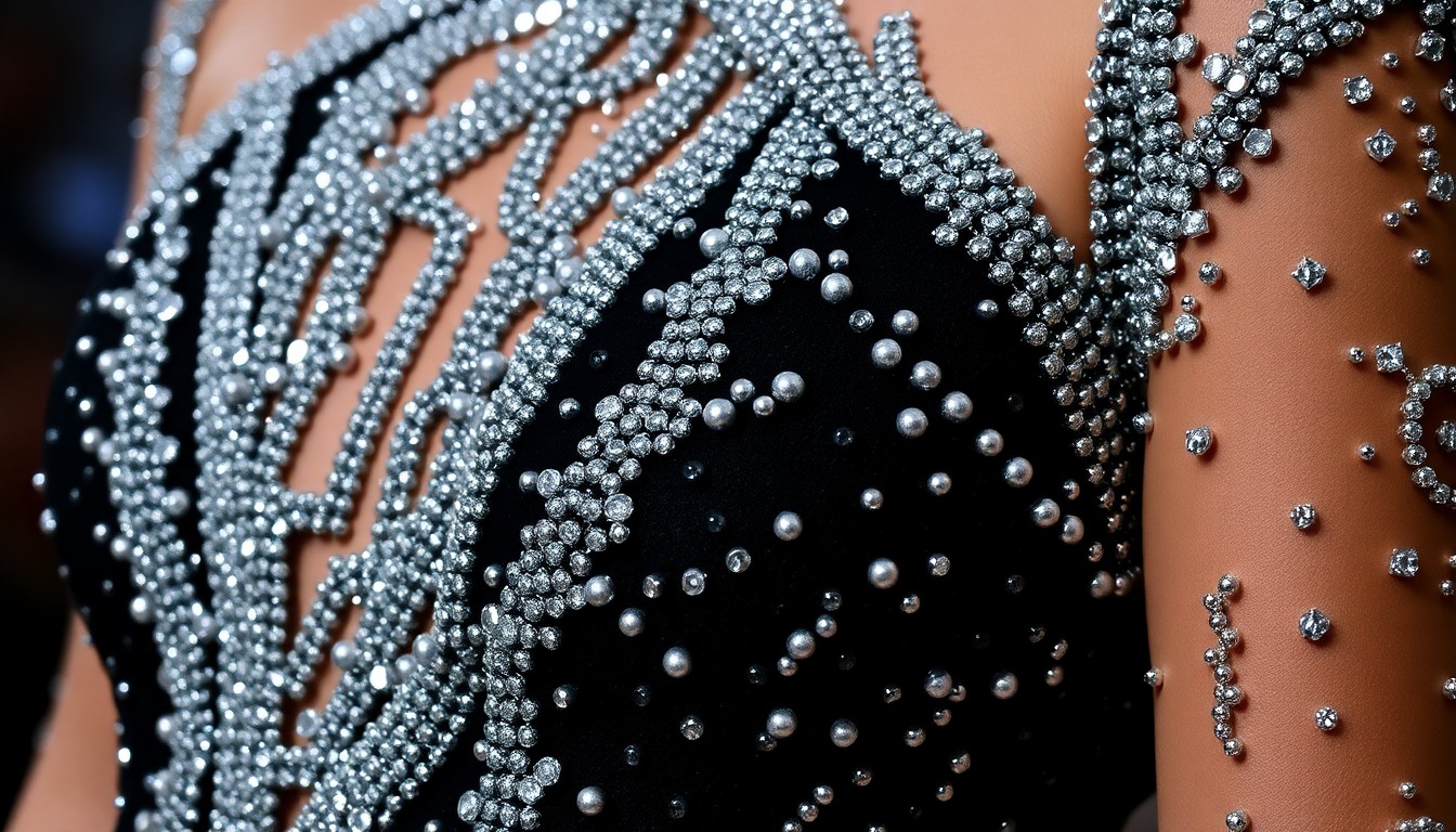 An extreme close-up photograph showcasing the intricate beaded texture and metallic sheen of a luxurious couture dress, conceptually representing the opulent and glamorous fashion of a reality TV reunion.