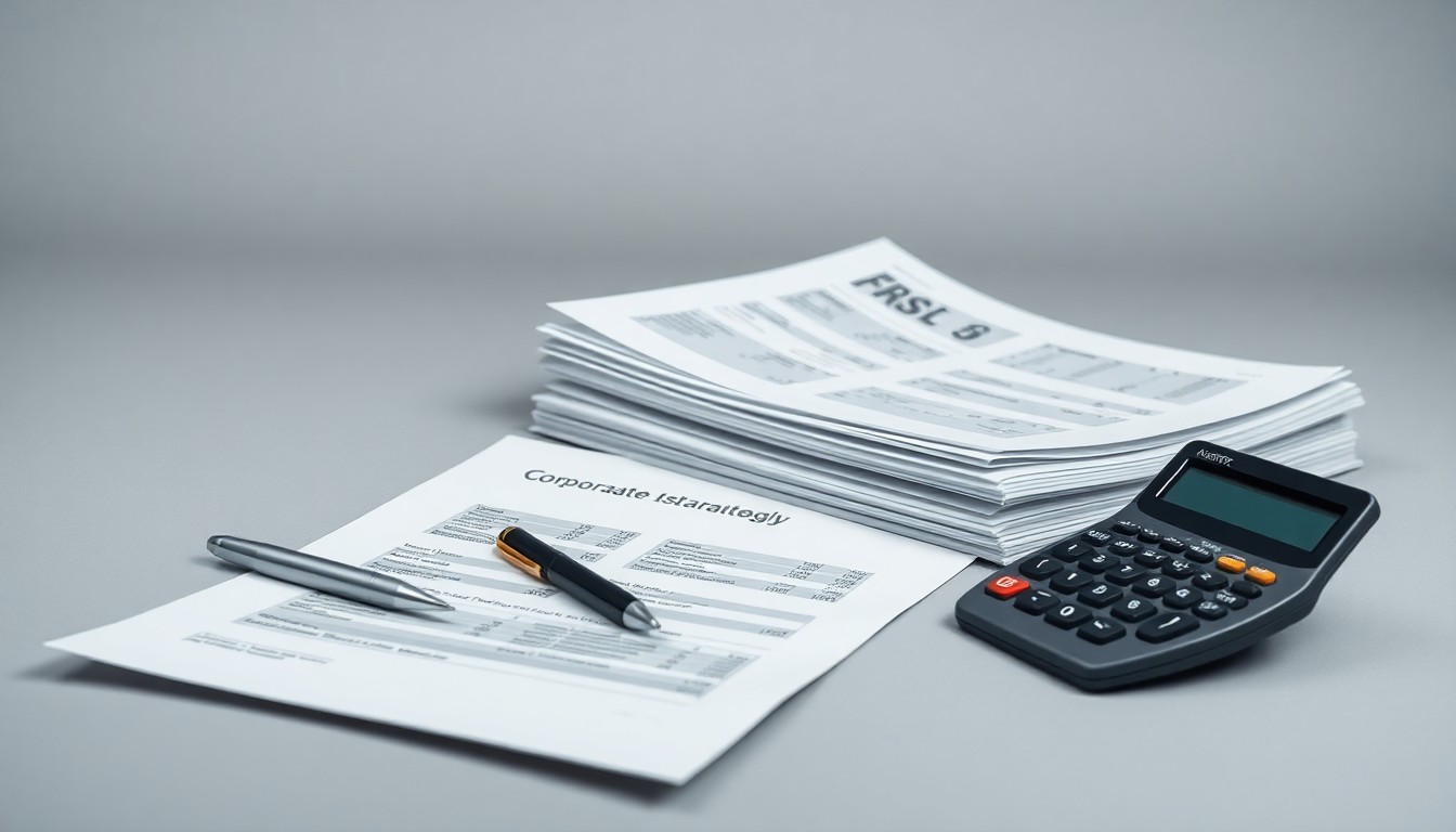 A photorealistic studio still life featuring a stack of financial reports, a pen, and a calculator arranged on a clean, grey background, conceptually representing the corporate strategy and financial decisions at the heart of this business story.