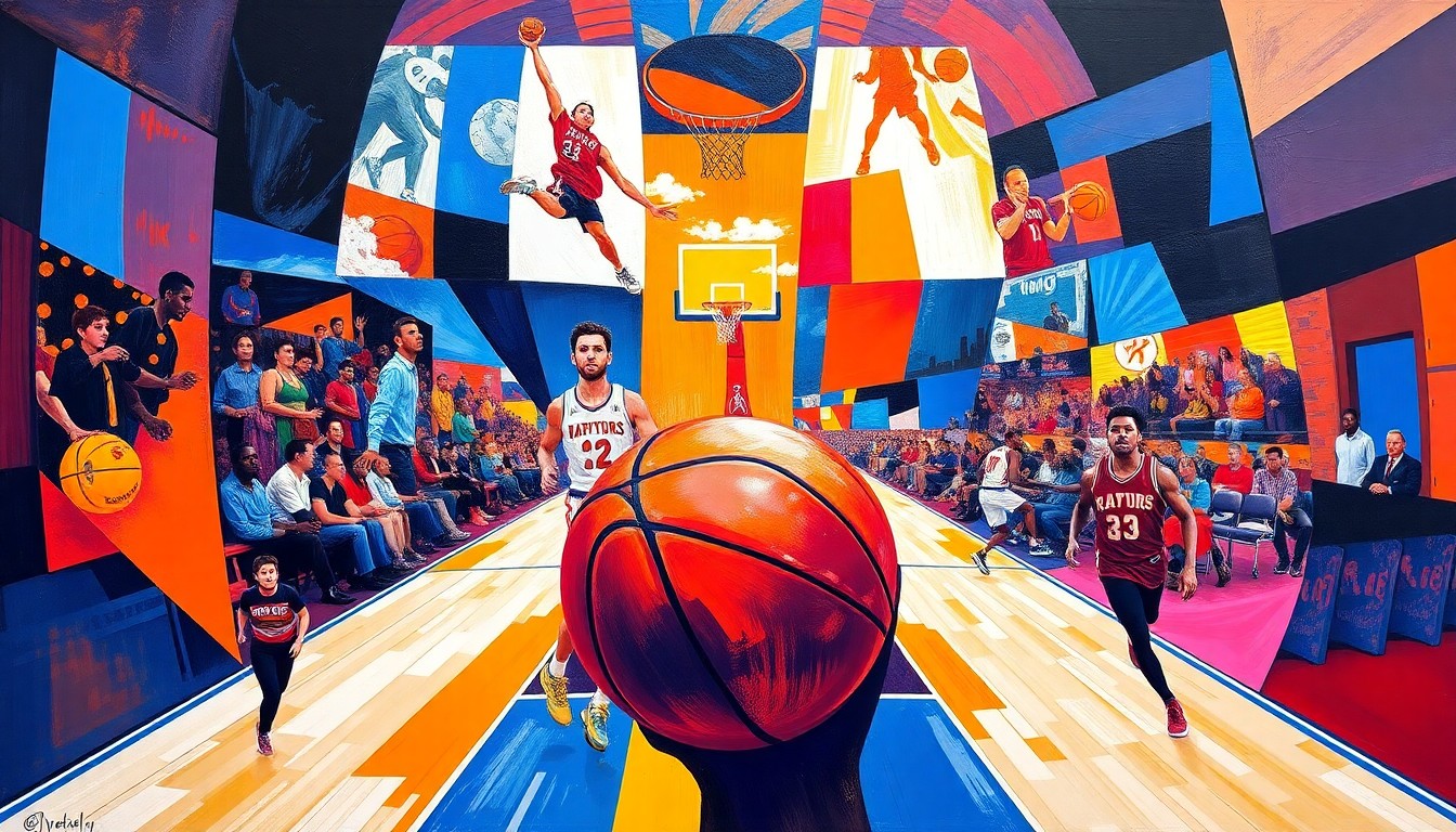 A fractured, geometric painting in vibrant colors representing a basketball game between the New York Knicks and Toronto Raptors, with the players and court broken down into sharp, overlapping planes.