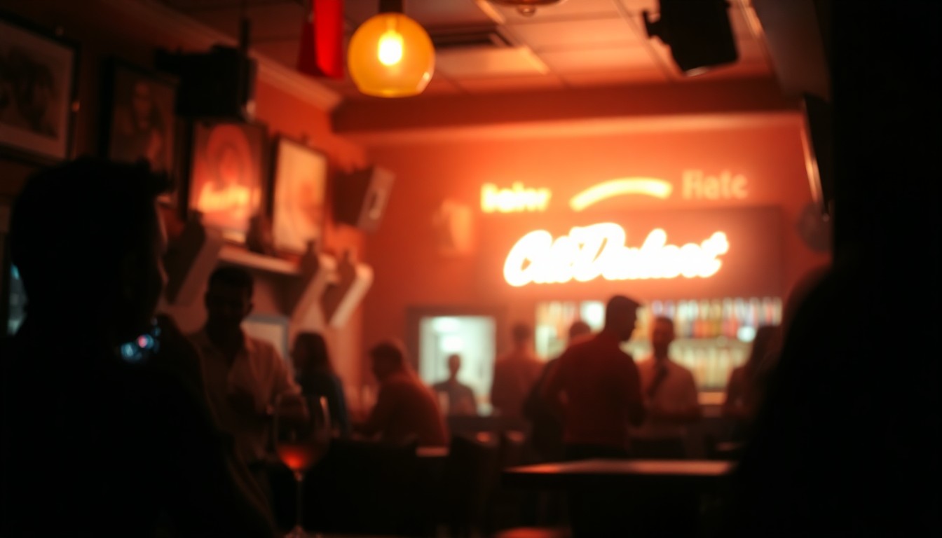 A softly blurred, out-of-focus photograph in warm, muted tones depicting the interior of a cozy, dimly lit bar or lounge, with hints of glowing neon signs and the silhouettes of patrons enjoying drinks and conversation, conceptually representing the loss of a beloved community gathering spot.