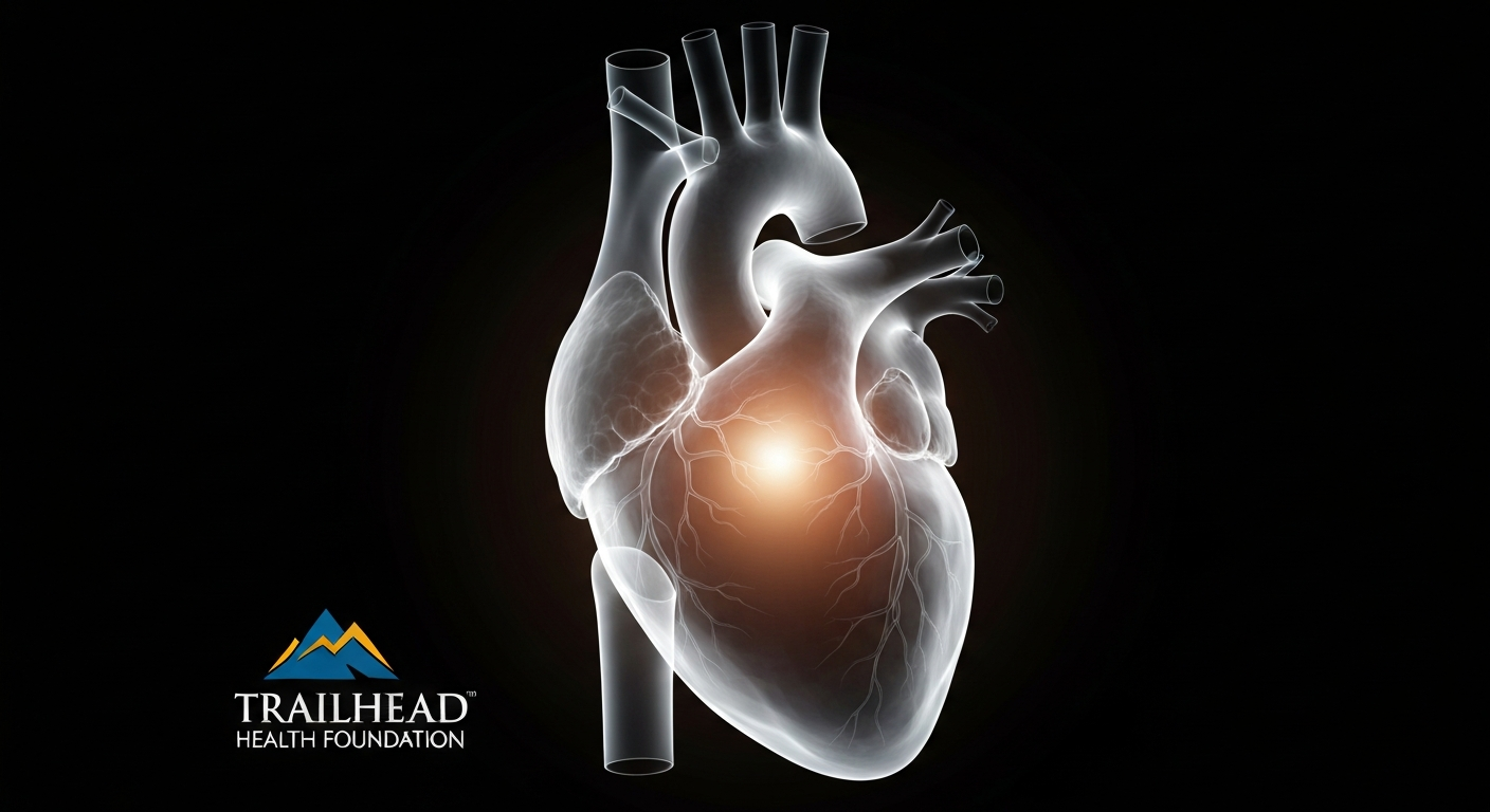 A highly detailed, translucent X-ray image of a human heart, its complex internal structures glowing against a dark background, representing the clinical expertise and holistic care provided by the Trailhead Health Foundation.