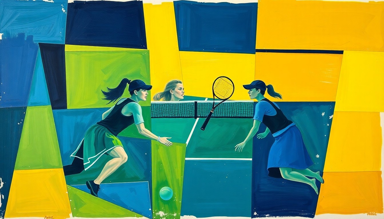 A cubist, geometric painting depicting a women's tennis match, with overlapping planes of navy, green, and yellow conveying the dynamic energy and competition of the sport.