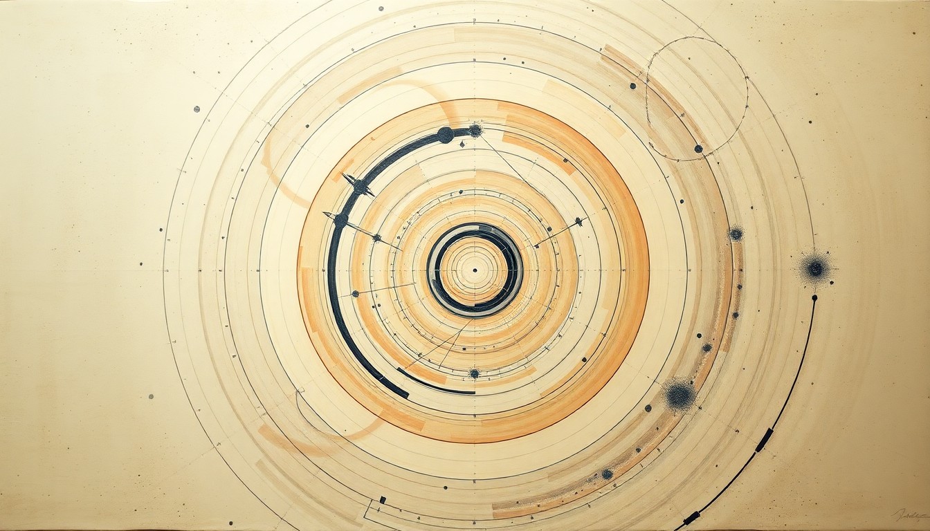 An abstract painting in soft blues, greens, and oranges, featuring sweeping geometric arcs, concentric circles, and precise spirals, conveying the complex forces and concepts of space travel without using any text or symbols.