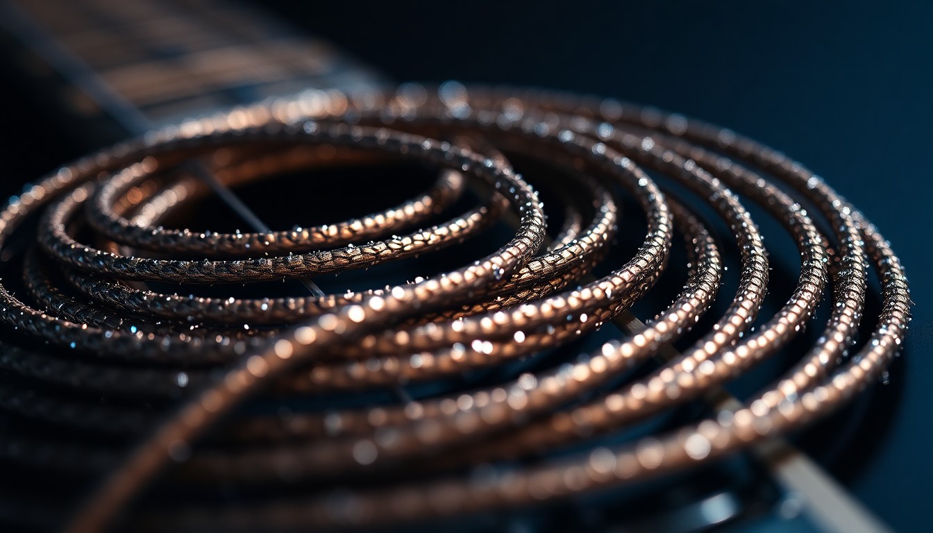 An abstract, high-contrast close-up photograph showcasing the luxurious, glittering texture of coiled guitar strings against a dramatic, studio-lit backdrop.