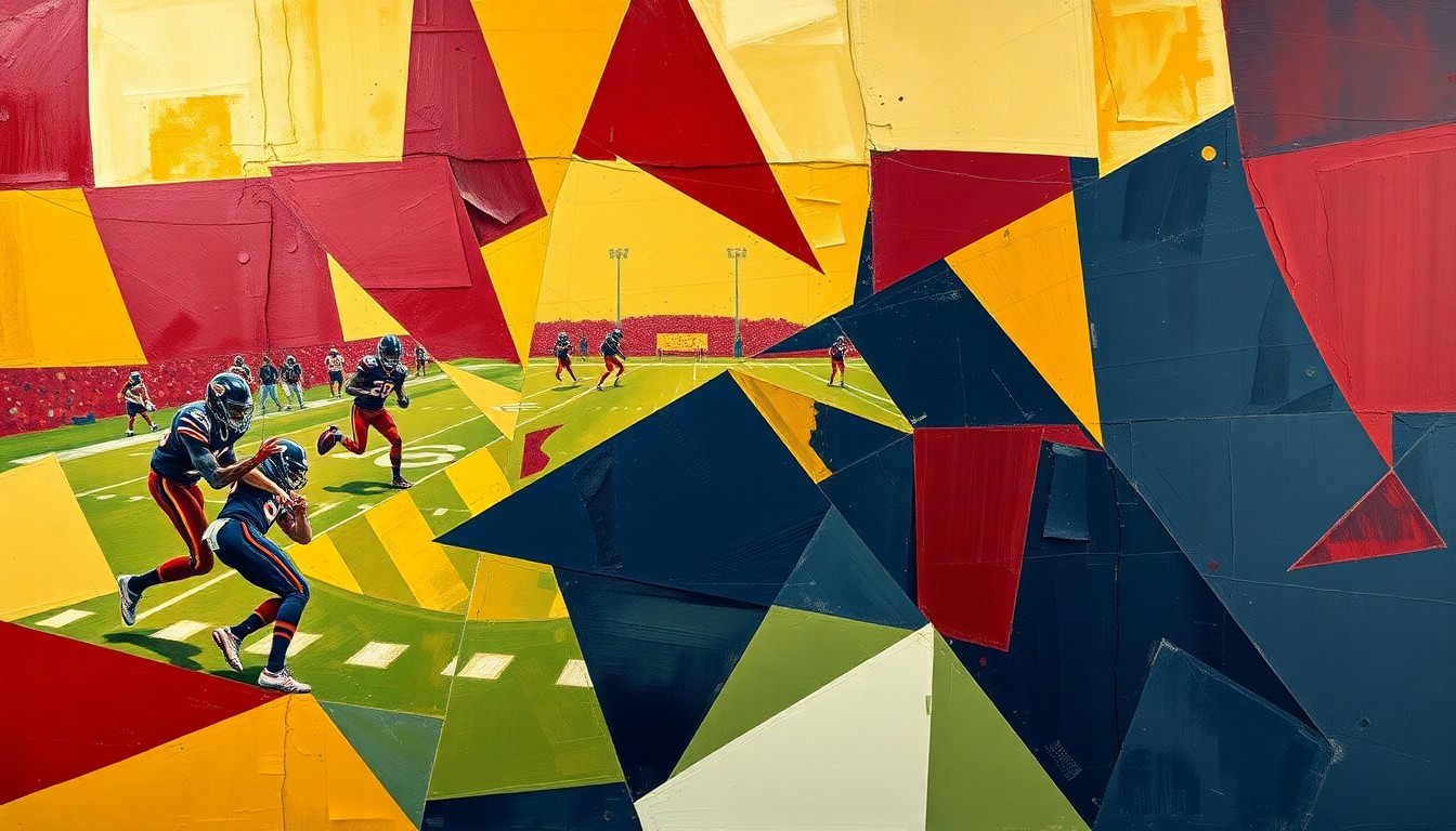 A cubist, geometric painting depicting fragmented, overlapping shapes and planes in maroon, gold, and navy blue, conceptually representing the strategic vision and multifaceted approach of Texas A&M football coach Mike Elko.