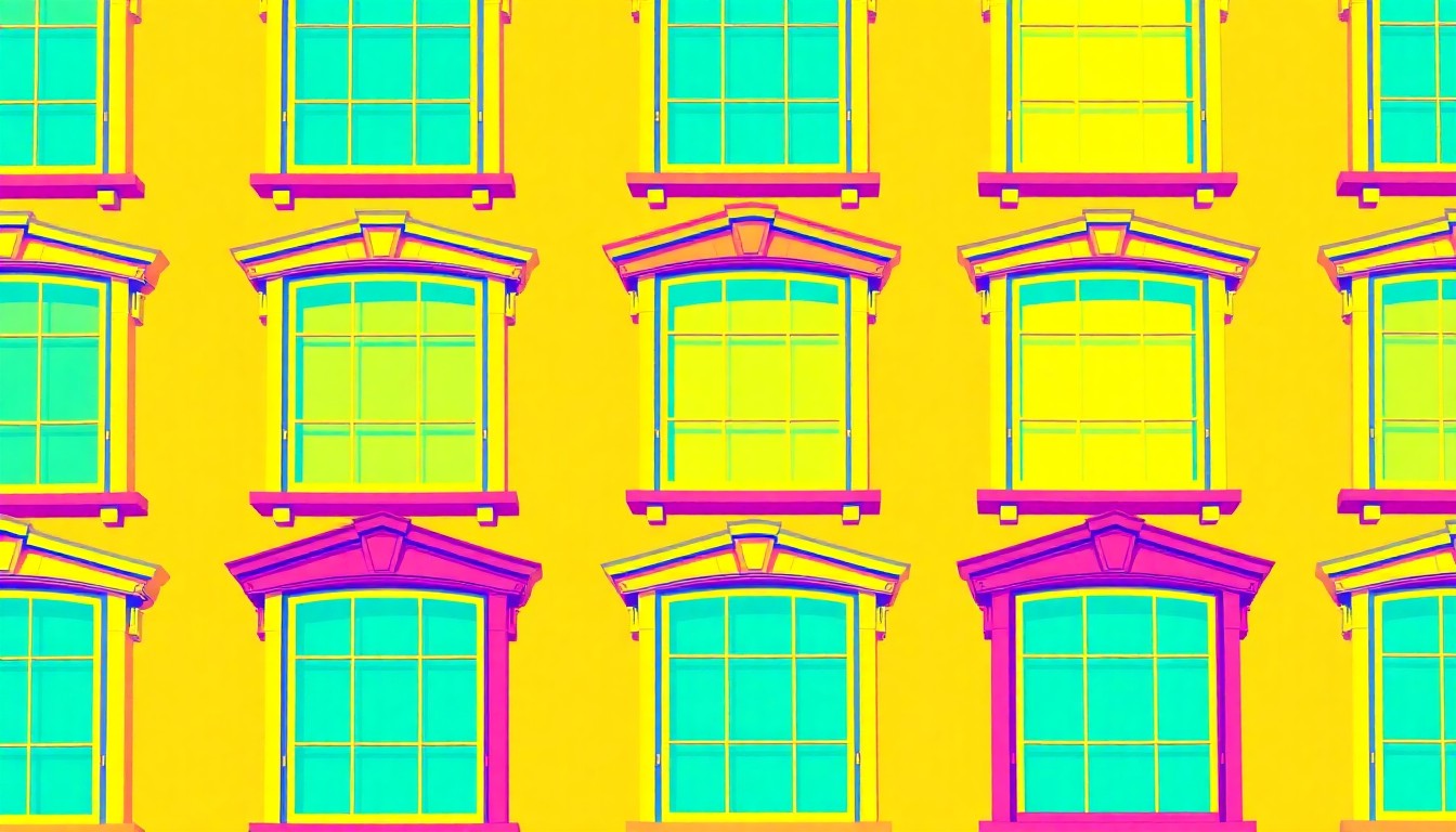 A bold, colorful silkscreen-style illustration featuring a repeating pattern of a classic Victorian-era window frame in vibrant neon hues, conceptually representing the historic yet modern appeal of these well-preserved 19th-century Minnesota homes.