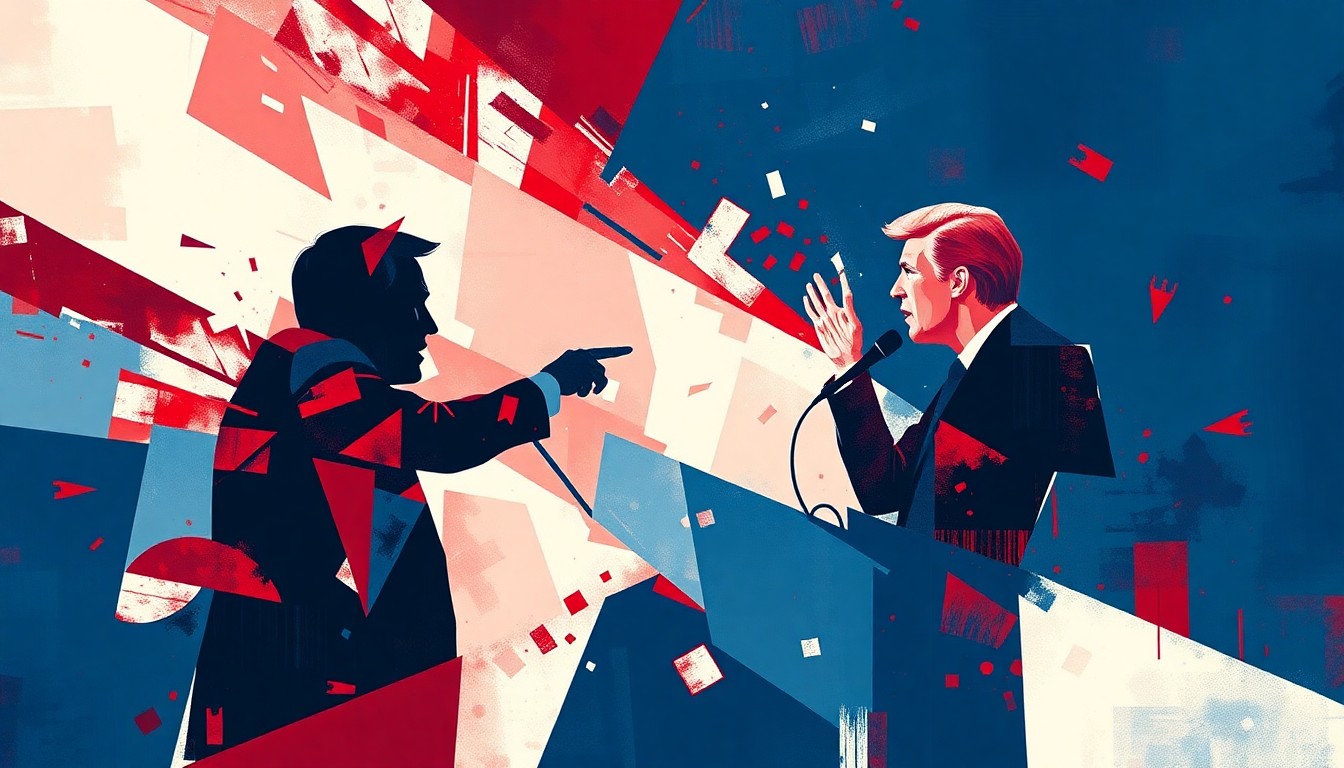 A vibrant, abstract painting with overlapping geometric shapes and lines in shades of red, white, and blue, conceptually representing the heated debate and internal divisions within the California Republican Party as they vie for the governor's seat.
