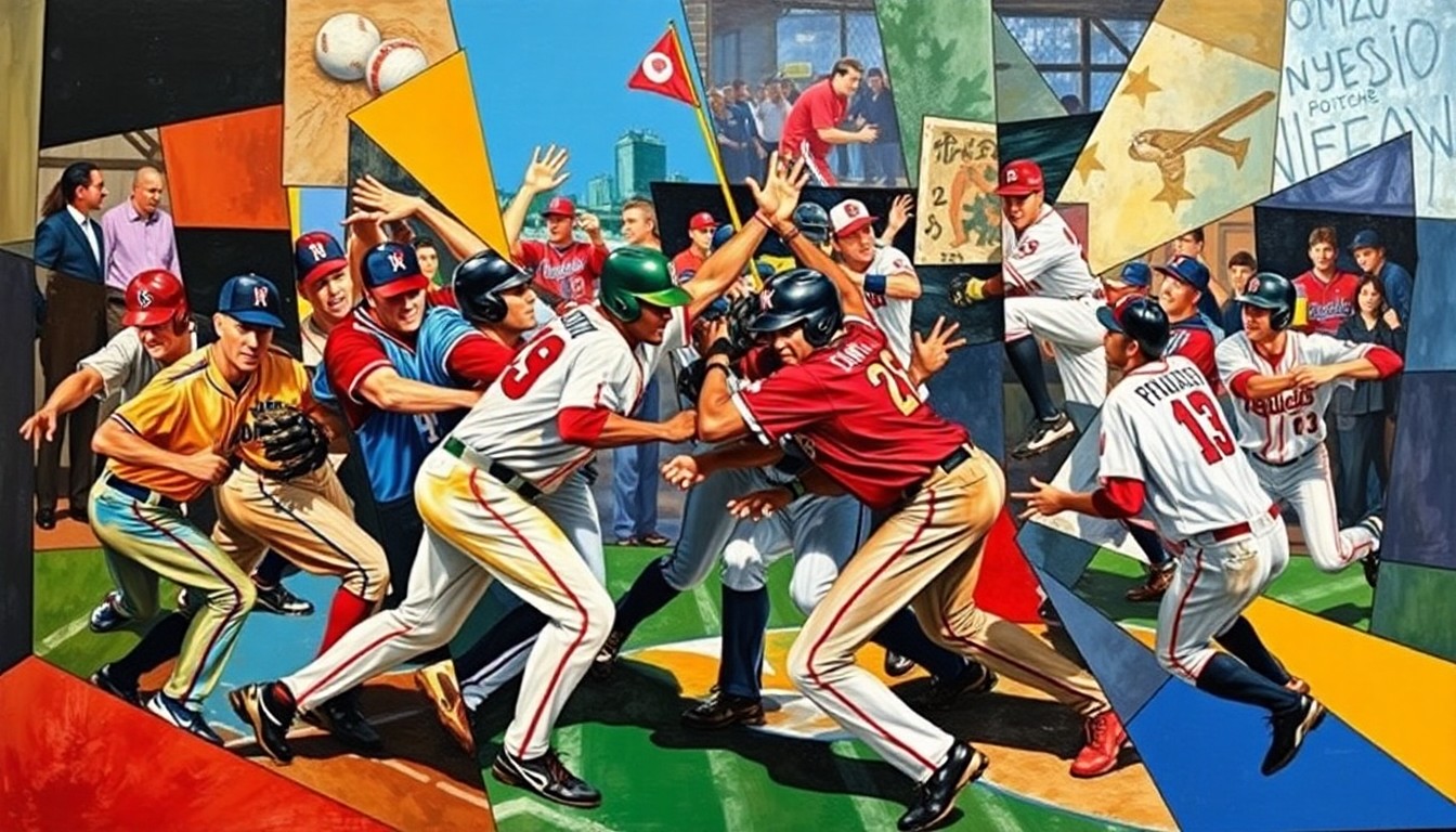 An abstract, cubist-style painting featuring fragmented, overlapping geometric shapes in the team colors of the Angels and Braves, conveying the energy and movement of a baseball brawl.
