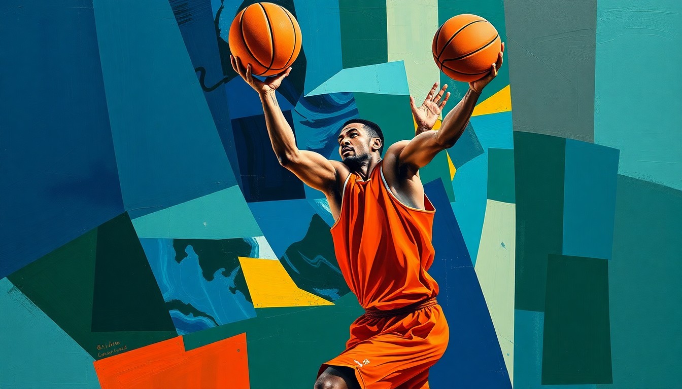 A cubist-style painting depicting a basketball player's movements broken down into sharp, overlapping geometric shapes in shades of blue, green, and orange, conveying the fragmented state of the 76ers' playoff hopes after Embiid's appendectomy.